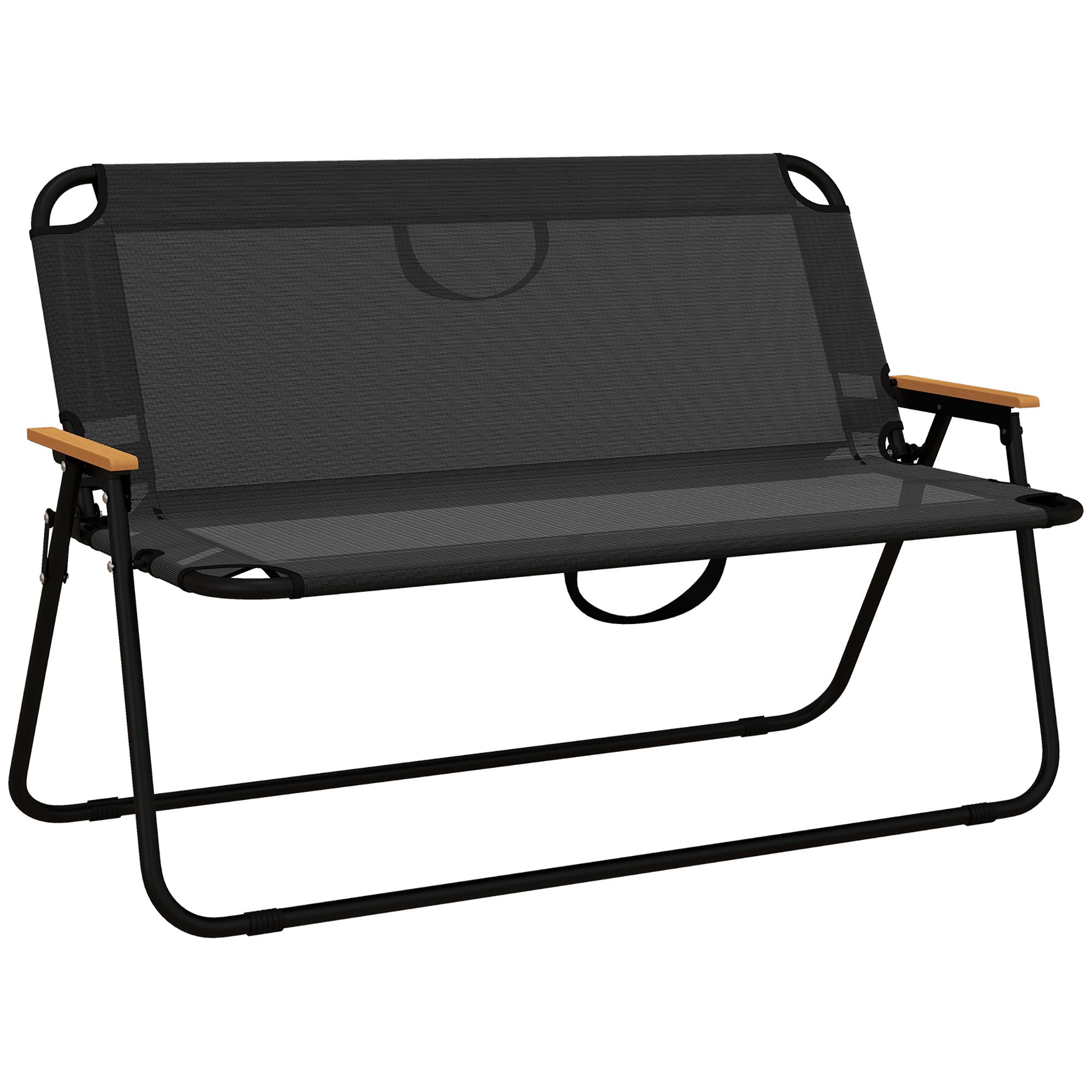 Outsunny 2-Seat Outdoor Folding Chair, Patio Loveseat with Breathable Mesh Fabric Seat, Garden Camping Chair with Wood-Plastic Composite Armrest, Black