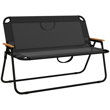 Outsunny 2-Seat Outdoor Folding Chair, Patio Loveseat with Breathable Mesh Fabric Seat, Garden Camping Chair with Wood-Plastic Composite Armrest, Black