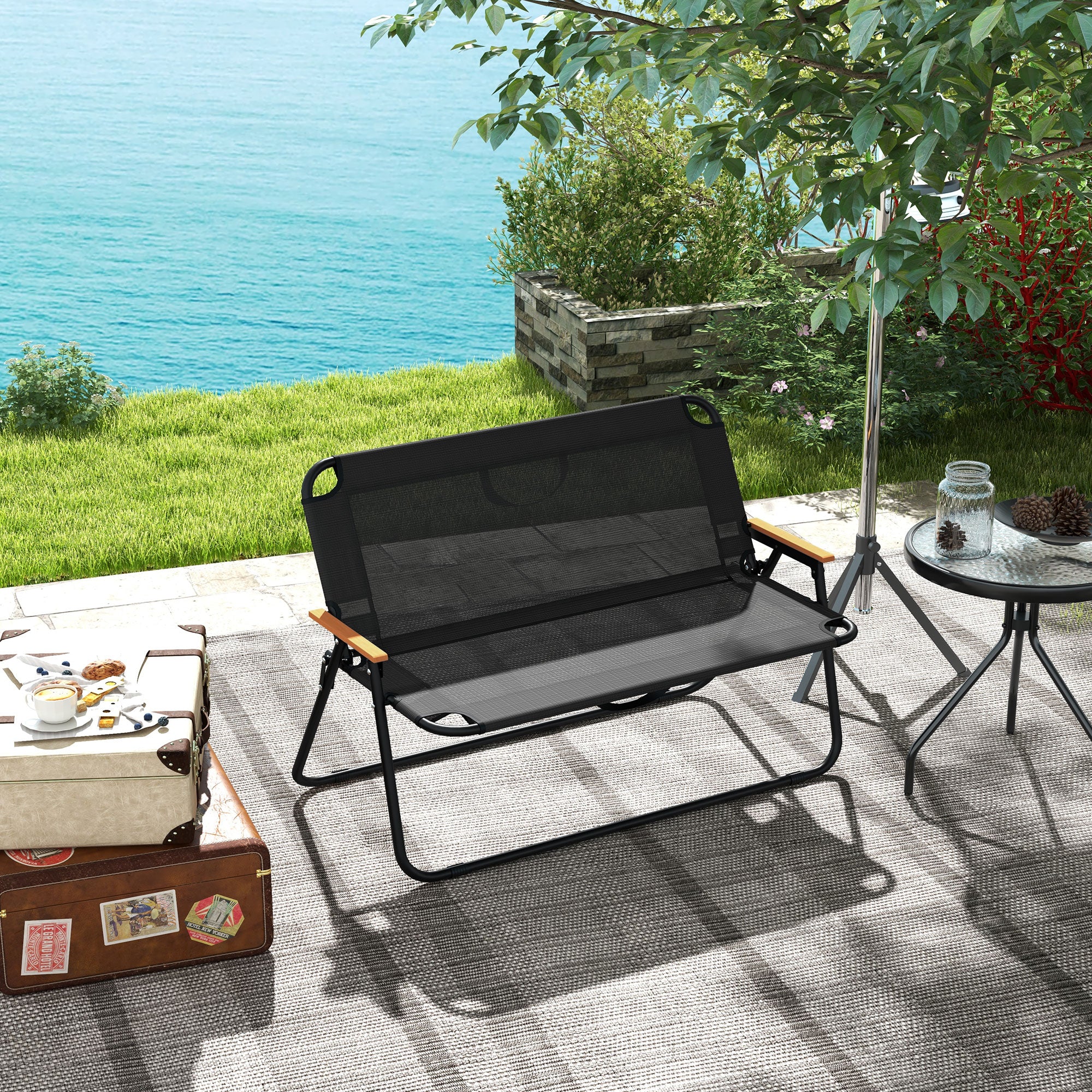 Outsunny 2-Seat Outdoor Folding Chair, Patio Loveseat with Breathable Mesh Fabric Seat, Garden Camping Chair with Wood-Plastic Composite Armrest, Black