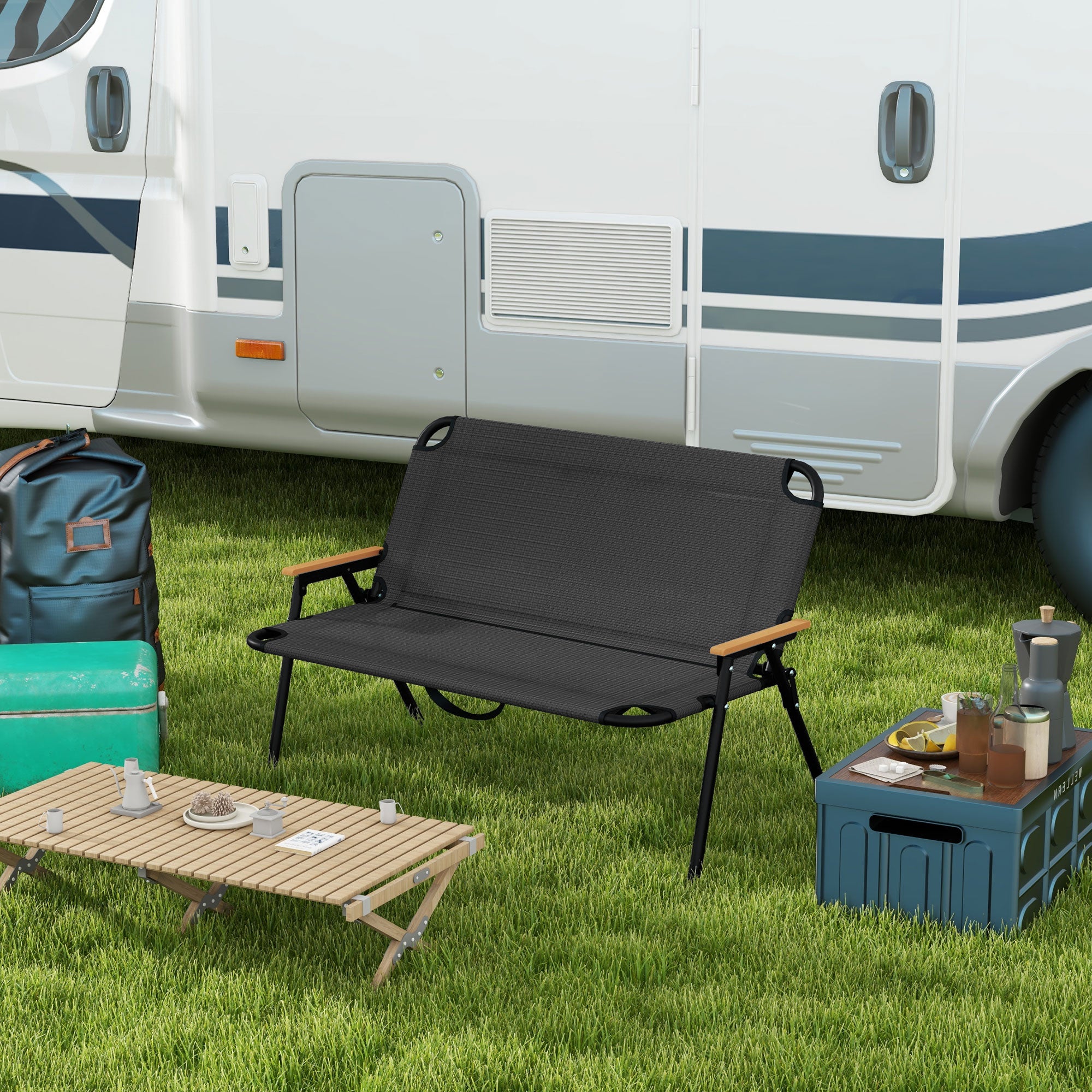 Outsunny 2-Seat Outdoor Folding Chair, Patio Loveseat with Breathable Mesh Fabric Seat, Garden Camping Chair with Wood-Plastic Composite Armrest, Black