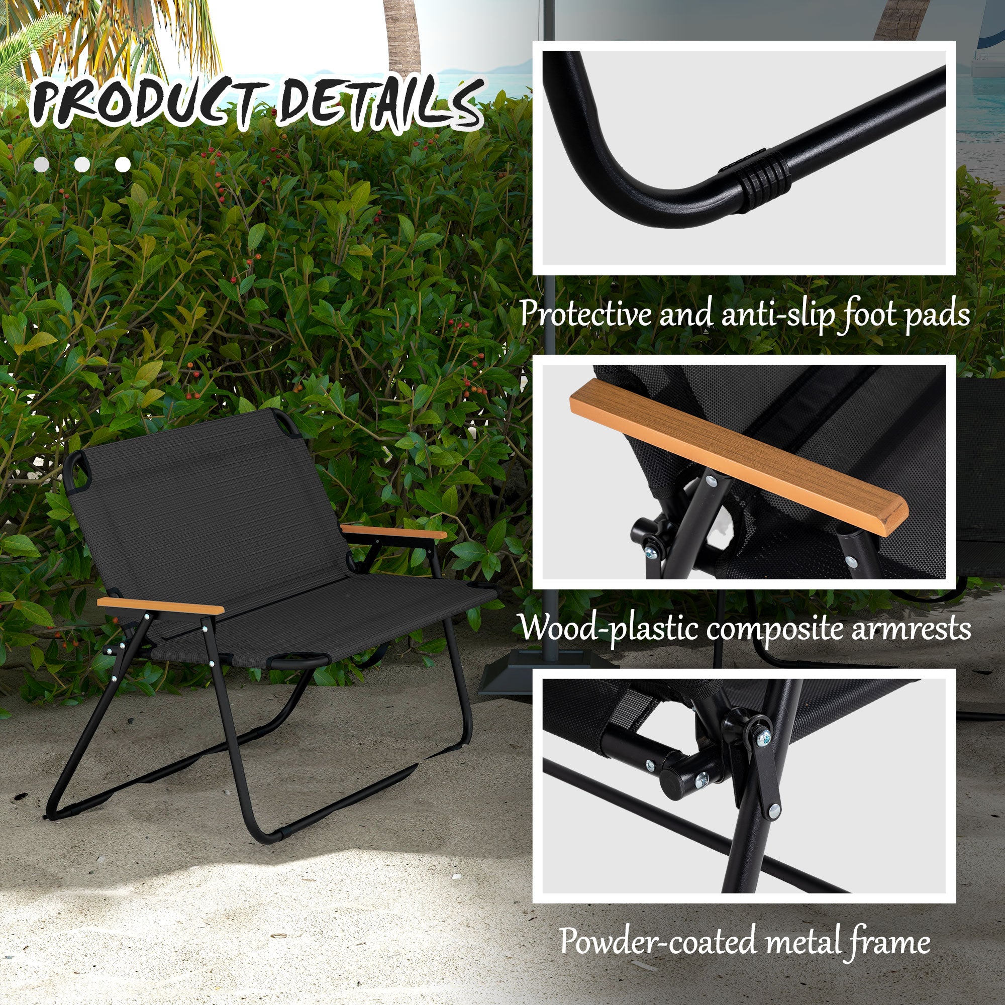 Outsunny 2-Seat Outdoor Folding Chair, Patio Loveseat with Breathable Mesh Fabric Seat, Garden Camping Chair with Wood-Plastic Composite Armrest, Black