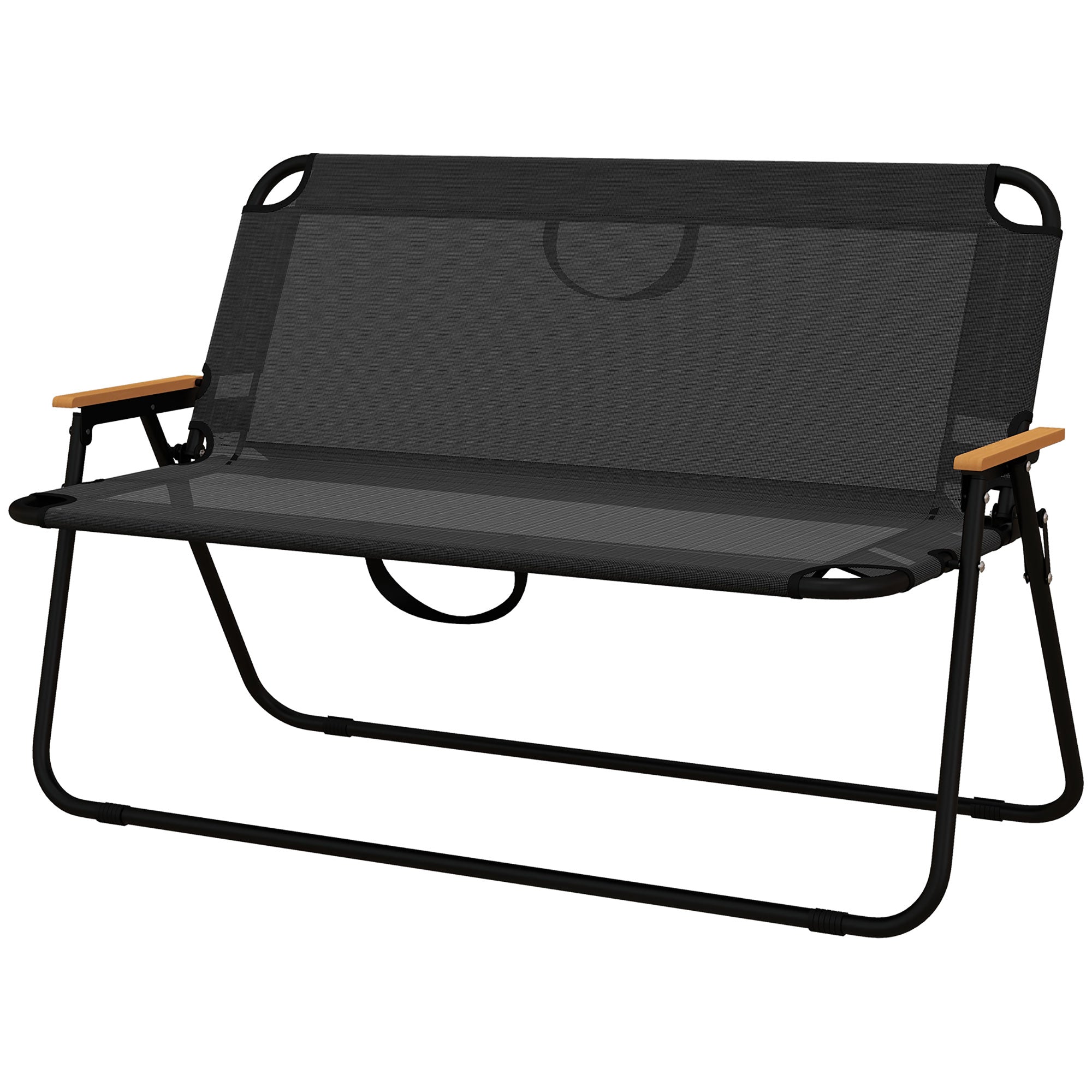 Outsunny 2-Seat Outdoor Folding Chair, Patio Loveseat with Breathable Mesh Fabric Seat, Garden Camping Chair with Wood-Plastic Composite Armrest, Black