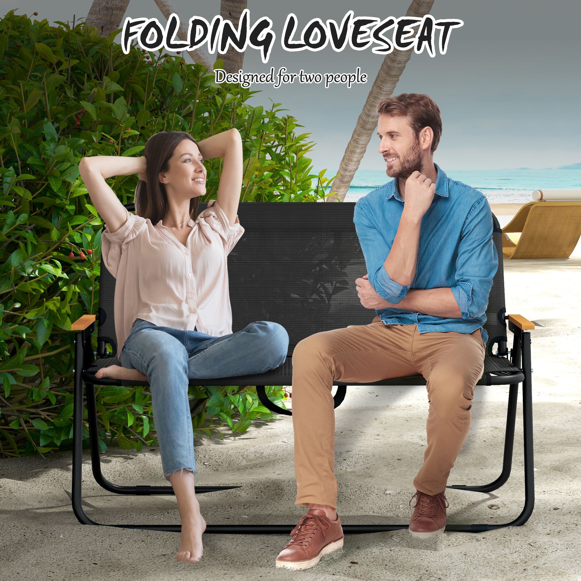 Outsunny 2-Seat Outdoor Folding Chair, Patio Loveseat with Breathable Mesh Fabric Seat, Garden Camping Chair with Wood-Plastic Composite Armrest, Black