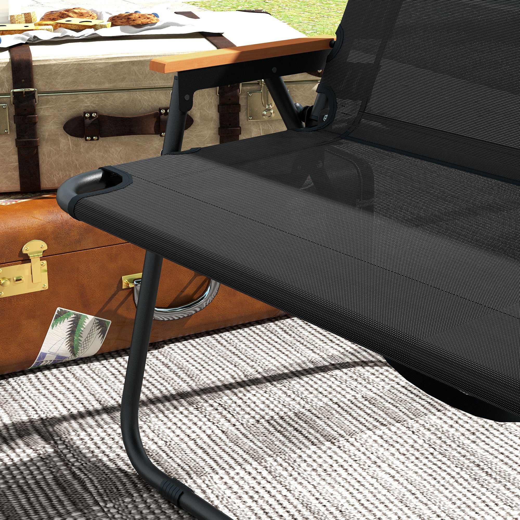 Outsunny 2-Seat Outdoor Folding Chair, Patio Loveseat with Breathable Mesh Fabric Seat, Garden Camping Chair with Wood-Plastic Composite Armrest, Black