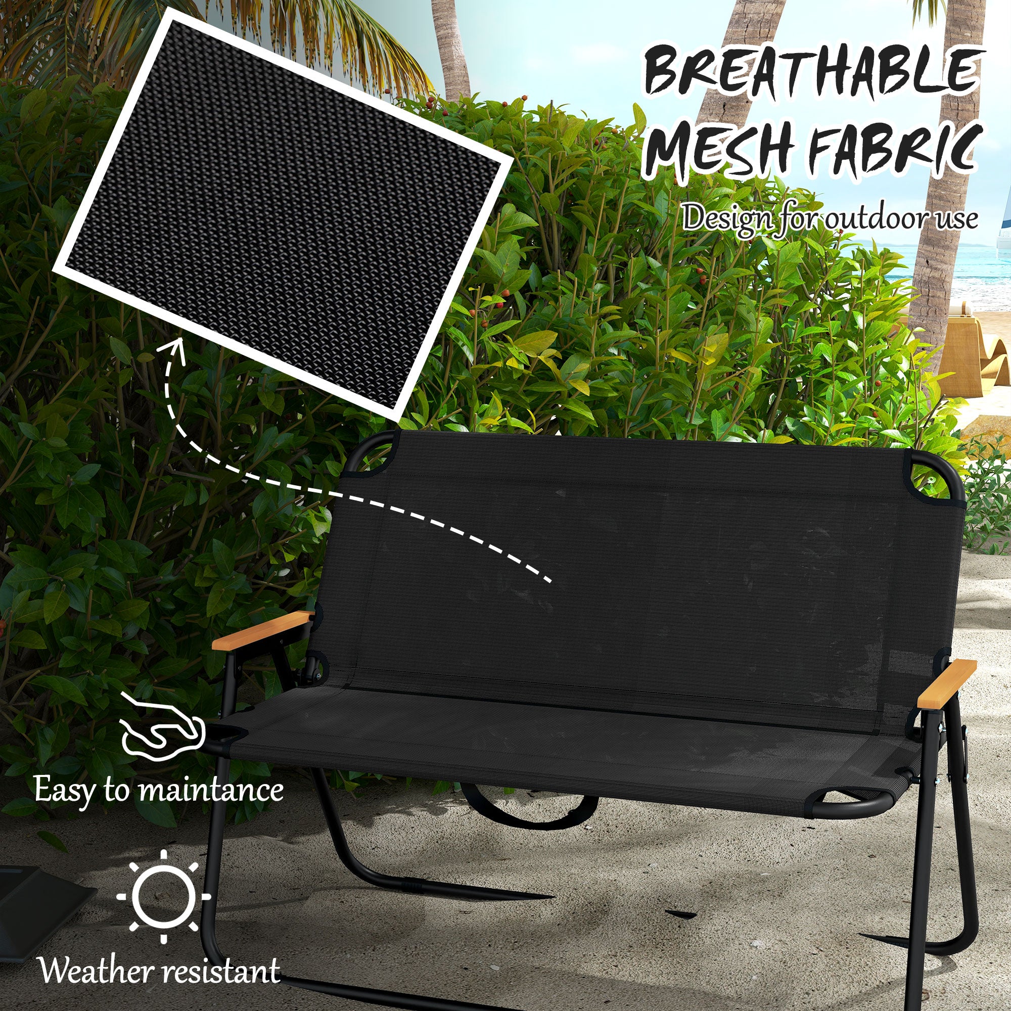 Outsunny 2-Seat Outdoor Folding Chair, Patio Loveseat with Breathable Mesh Fabric Seat, Garden Camping Chair with Wood-Plastic Composite Armrest, Black