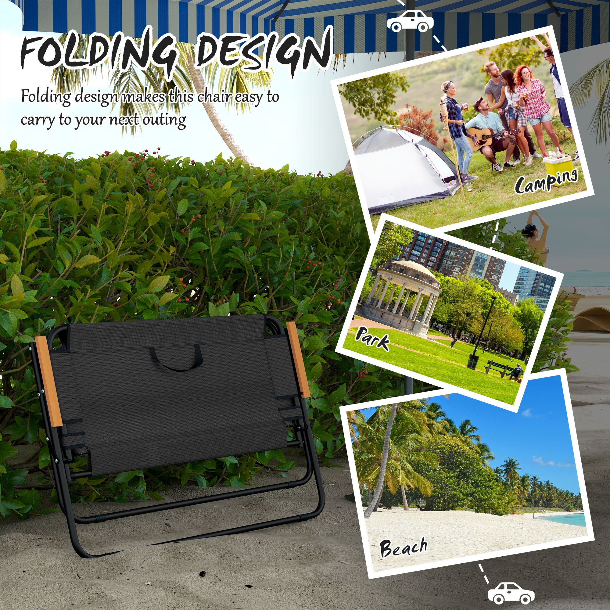 Outsunny 2-Seat Outdoor Folding Chair, Patio Loveseat with Breathable Mesh Fabric Seat, Garden Camping Chair with Wood-Plastic Composite Armrest, Black