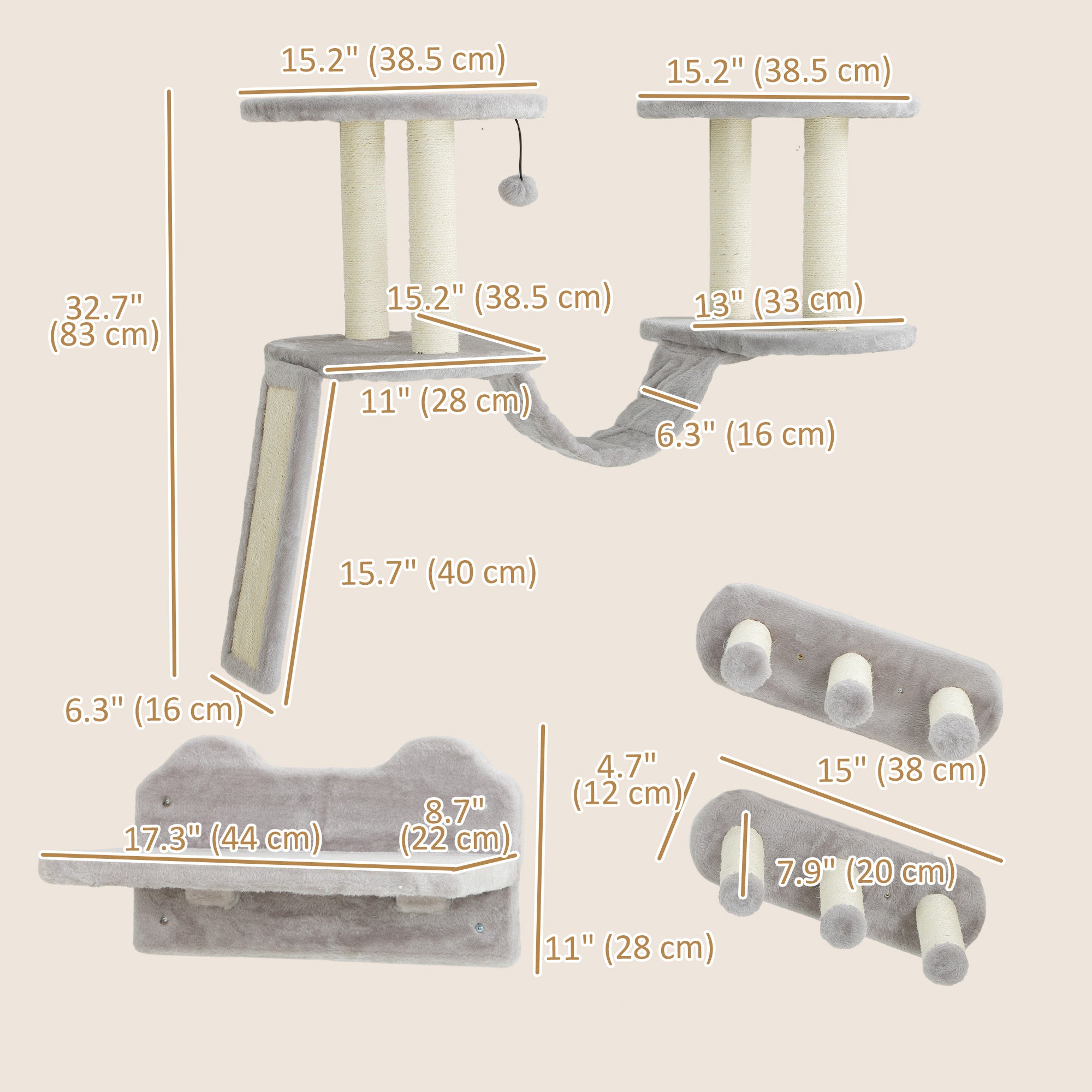 PawHut Cat Wall Shelves, 3PCs Cat Shelves with Scratching Post, Perches, Ladder, Steps, Scratching Board, Ceiling Wall Mounted Cat Climber, Light Grey