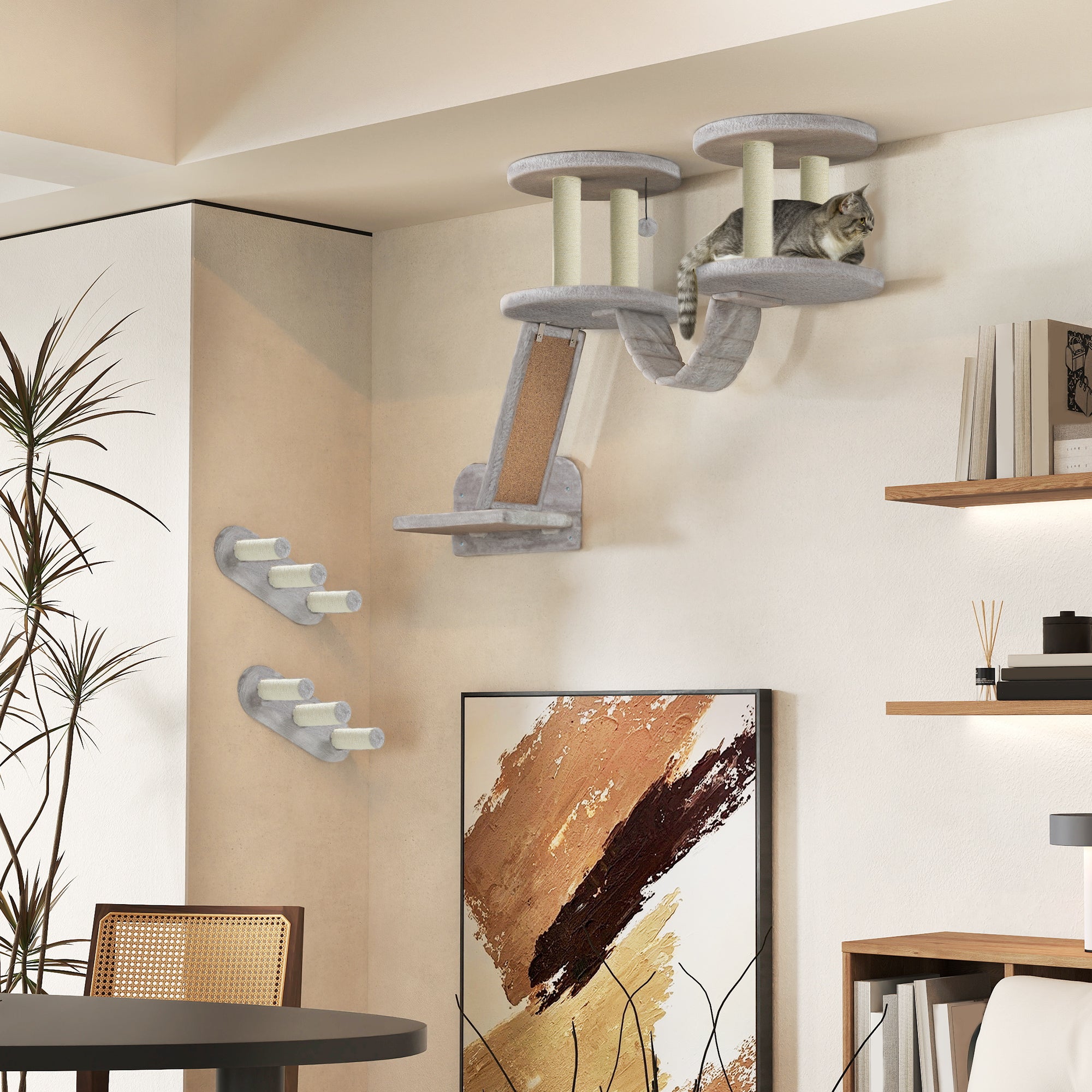 PawHut Cat Wall Shelves, 3PCs Cat Shelves with Scratching Post, Perches, Ladder, Steps, Scratching Board, Ceiling Wall Mounted Cat Climber, Light Grey