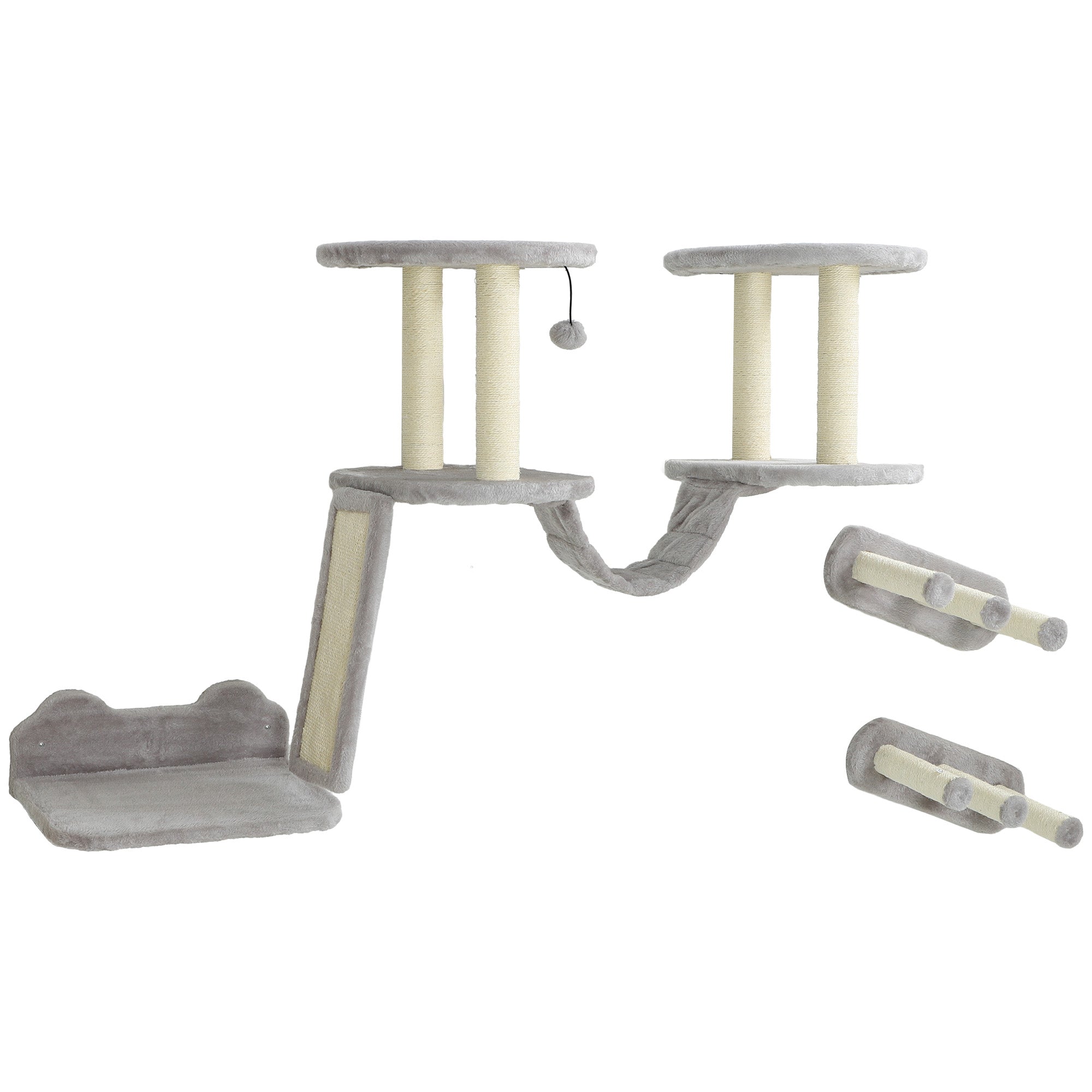 PawHut Cat Wall Shelves, 3PCs Cat Shelves with Scratching Post, Perches, Ladder, Steps, Scratching Board, Ceiling Wall Mounted Cat Climber, Light Grey