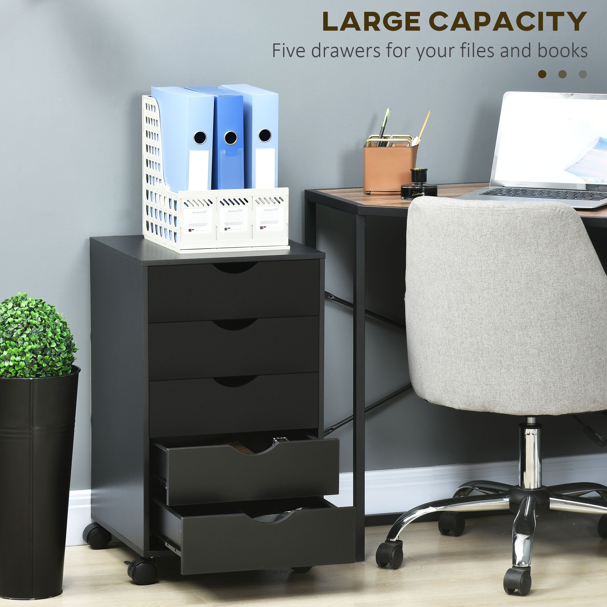 HOMCOM 5 Drawer Mobile File Cabinet, Rolling Printer Stand, Modern Vertical Filing Cabinet for Home Office, Black