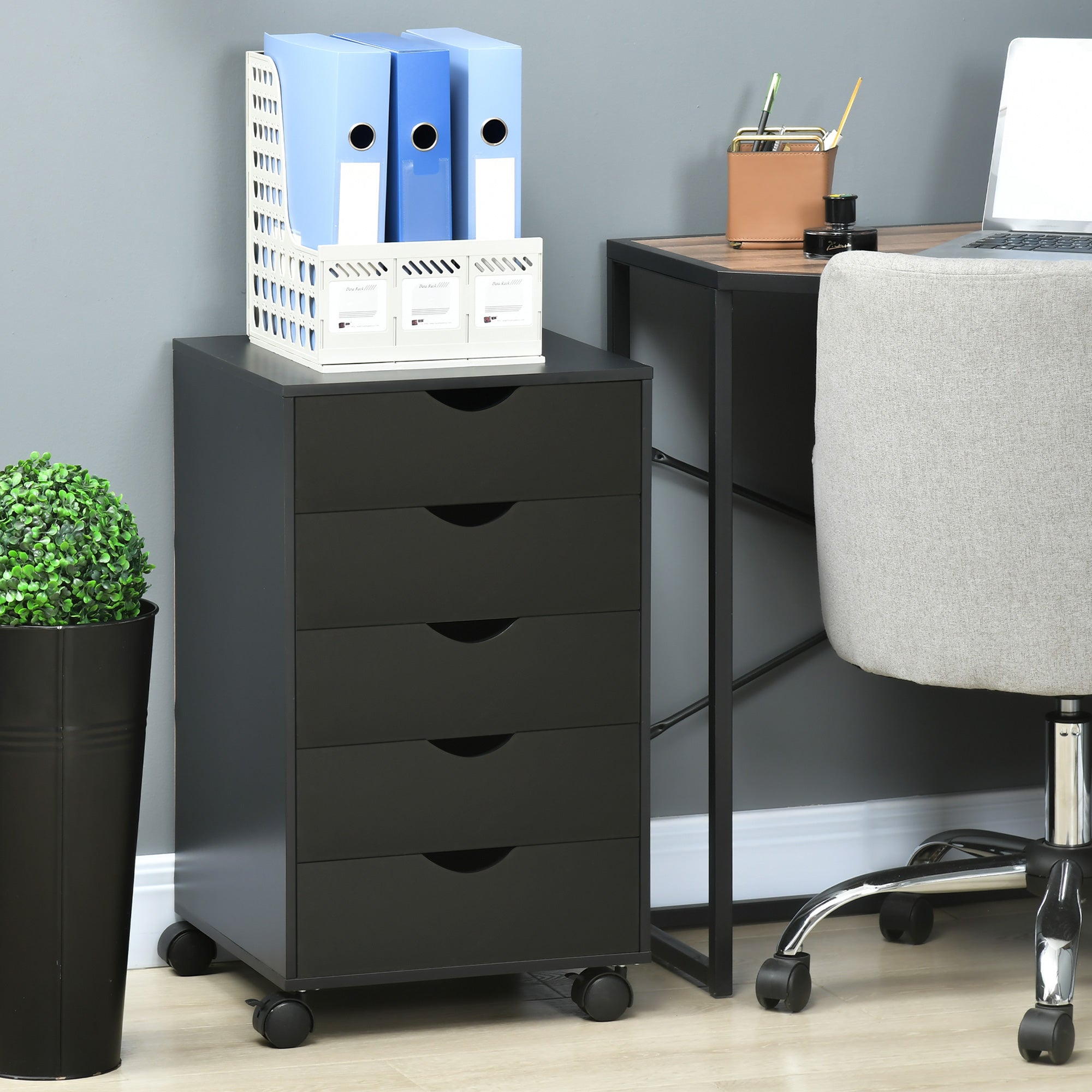 HOMCOM 5 Drawer Mobile File Cabinet, Rolling Printer Stand, Modern Vertical Filing Cabinet for Home Office, Black
