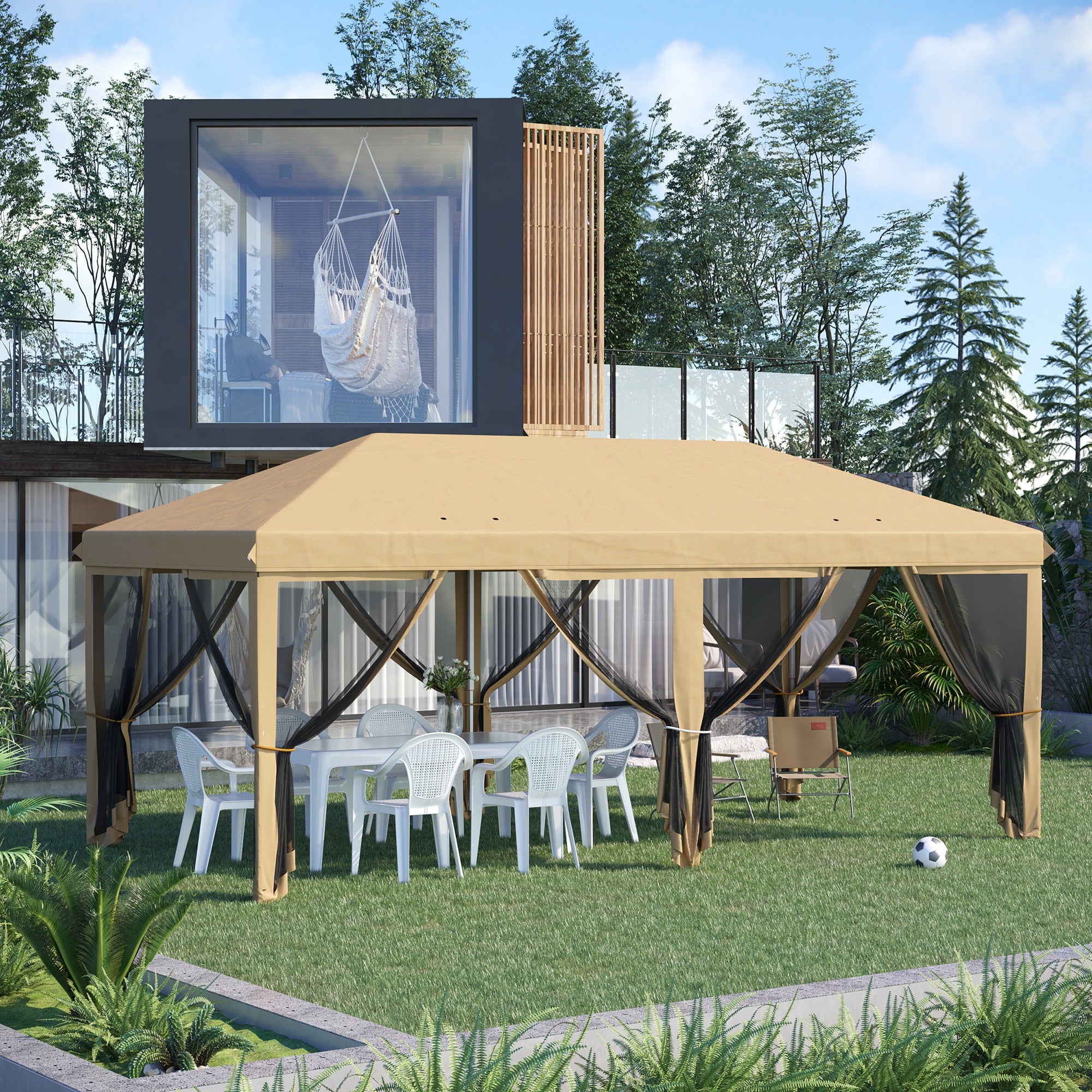 Outsunny 10' x 20' Pop Up Canopy Tent Gazebo with Removable Mesh Sidewall Netting, Carry Bag for Backyard Patio Outdoor, Beige