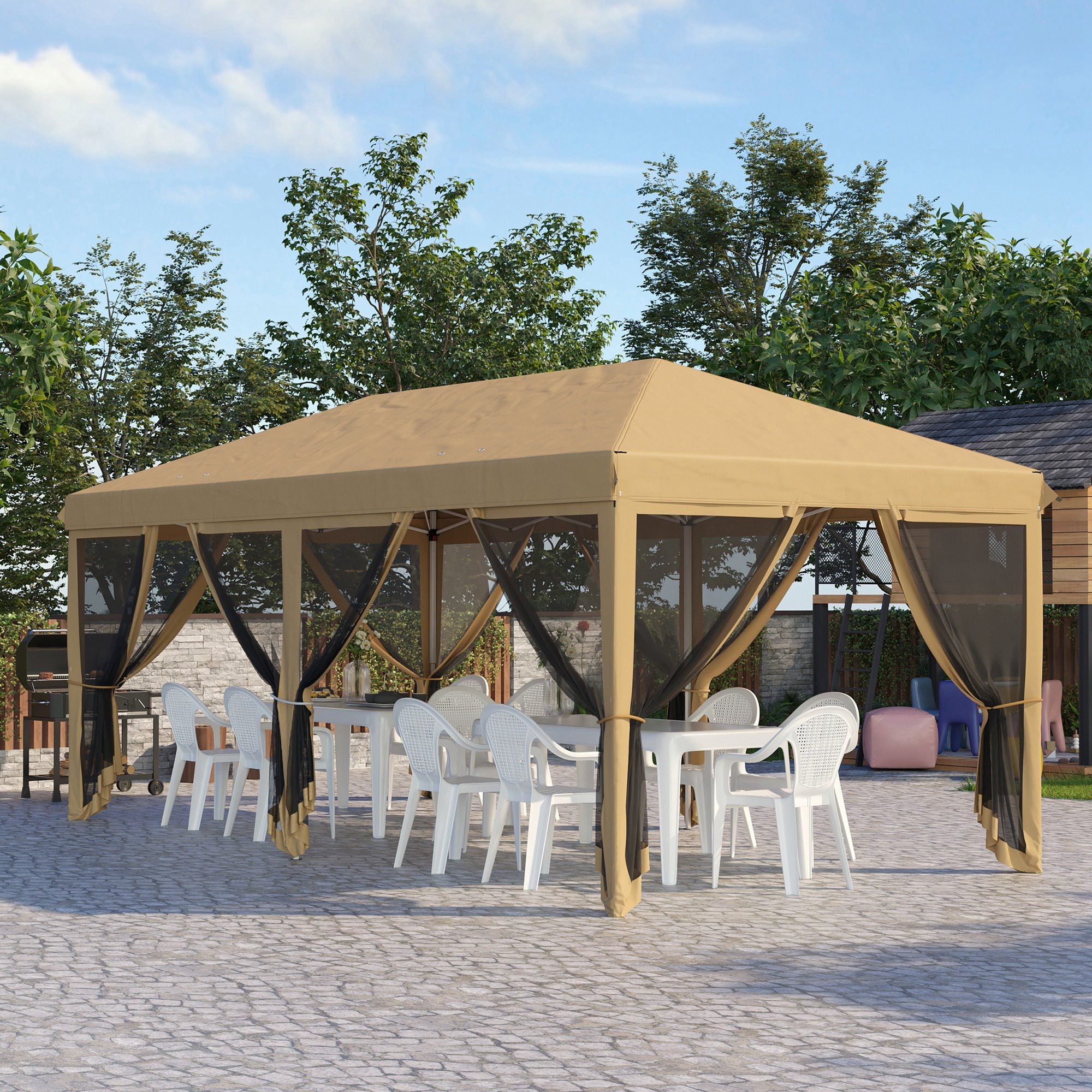 Outsunny 10' x 20' Pop Up Canopy Tent Gazebo with Removable Mesh Sidewall Netting, Carry Bag for Backyard Patio Outdoor, Beige