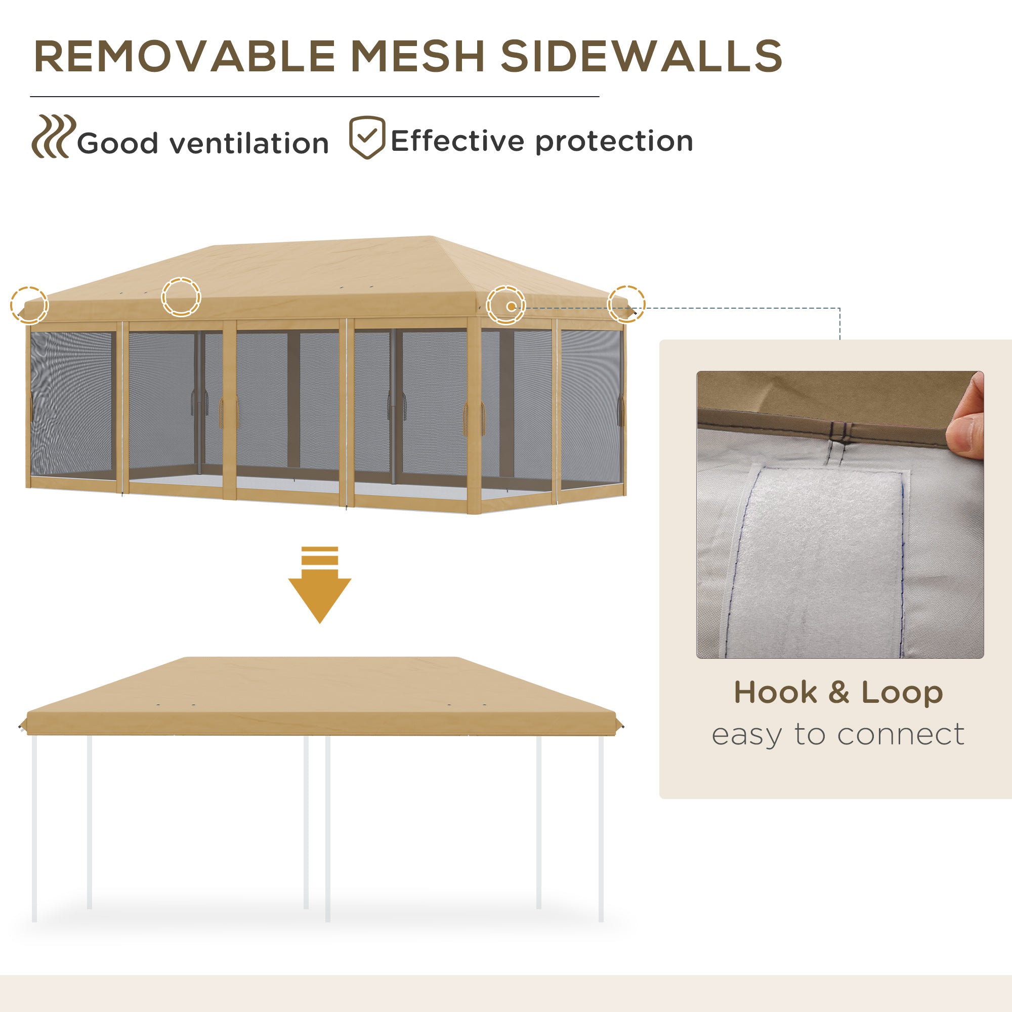 Outsunny 10' x 20' Pop Up Canopy Tent Gazebo with Removable Mesh Sidewall Netting, Carry Bag for Backyard Patio Outdoor, Beige