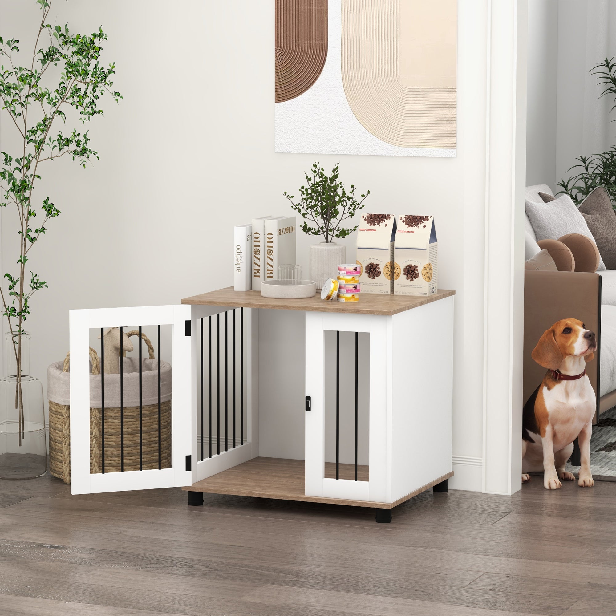 PawHut Dog Crate Furniture, Side Table Indoor Dog Kennel, End Table with Lockable Door for Small and Medium Dogs, Walnut Brown