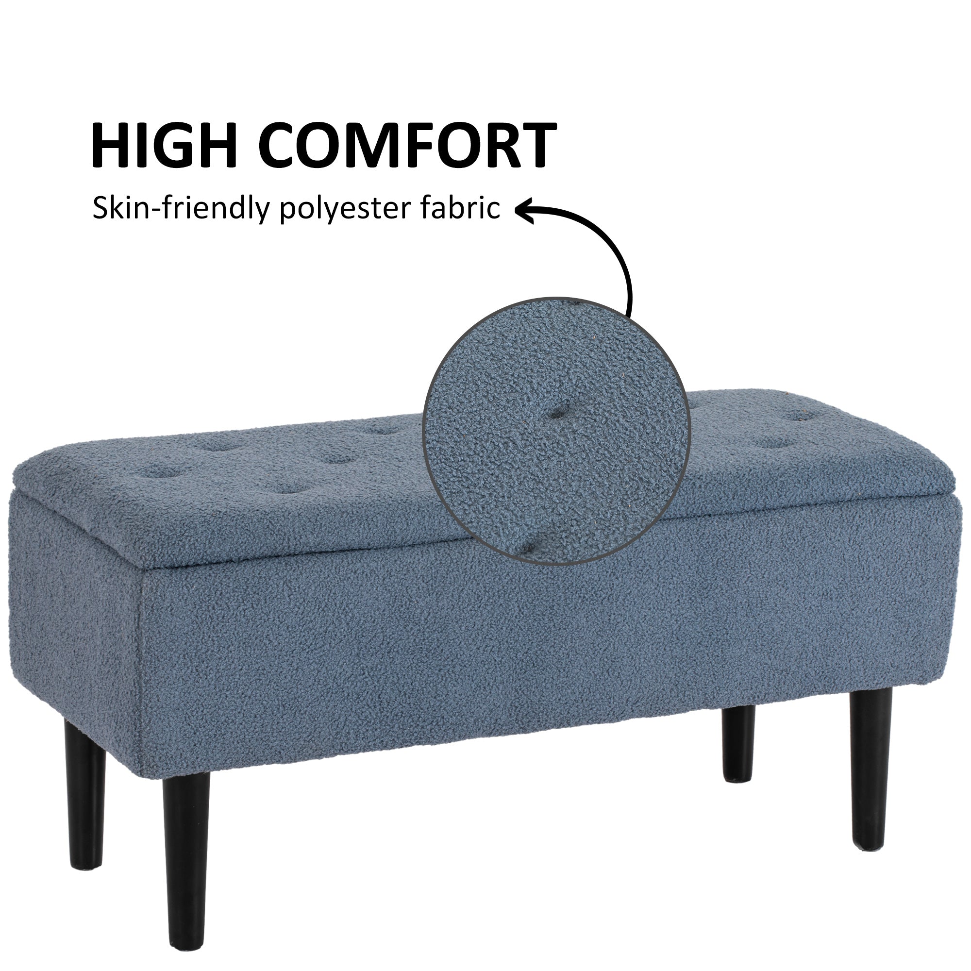 HOMCOM 37 Inch Modern Ottoman with Storage and Wooden Legs, Storage Ottoman with Teddy Velvet Upholstery, for Living Room, Bedroom, Blue