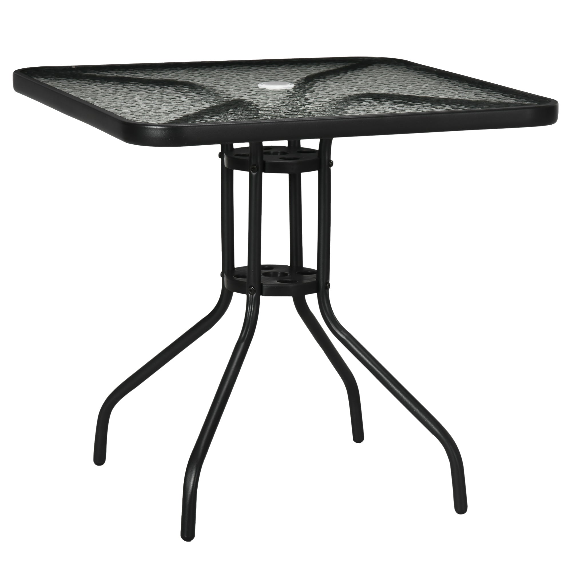 Outsunny Outdoor Dining Table with Umbrella Hole, Square Patio Dining Table with Tempered Glass Top and Steel Frame for Garden, Balcony, Black