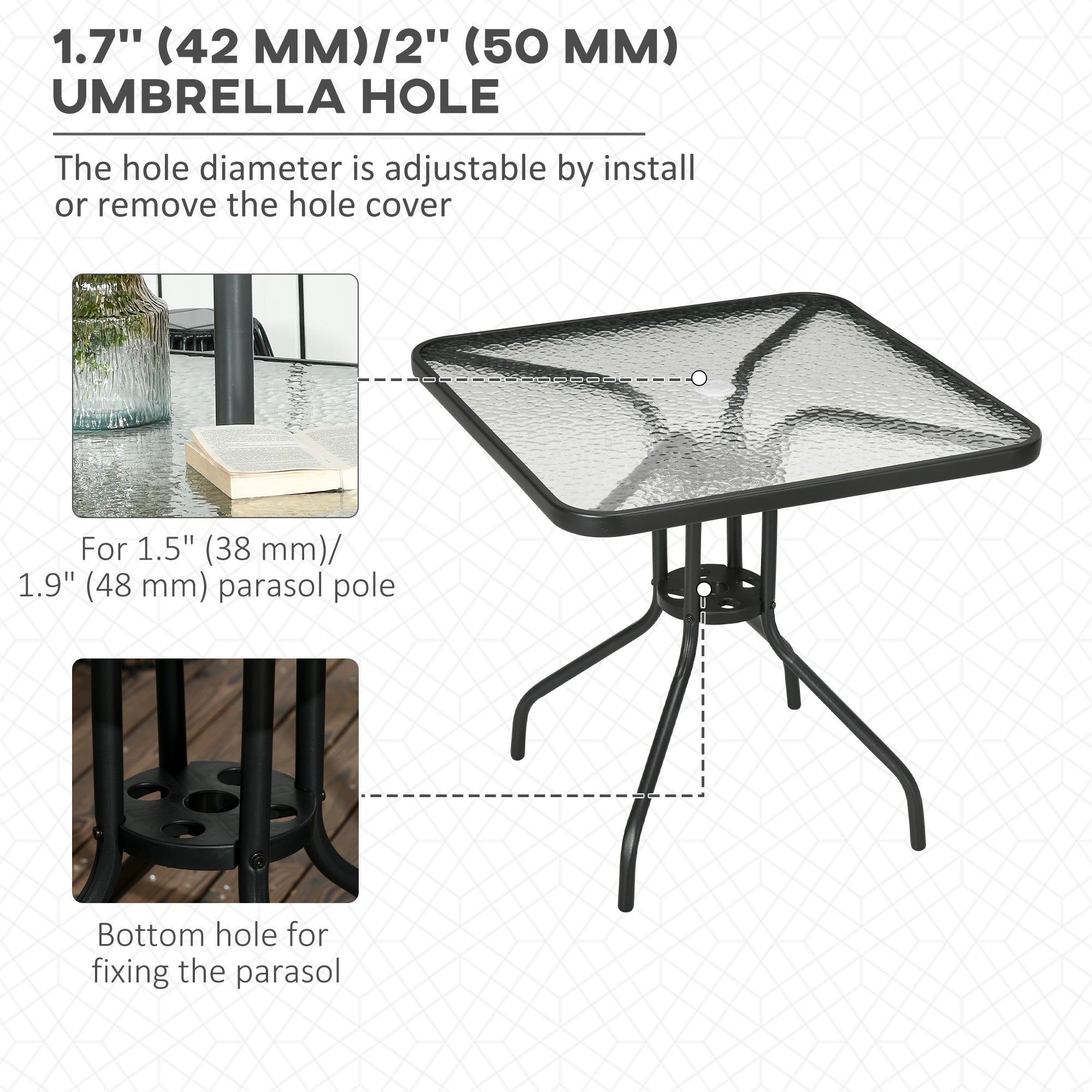 Outsunny Outdoor Dining Table with Umbrella Hole, Square Patio Dining Table with Tempered Glass Top and Steel Frame for Garden, Balcony, Black