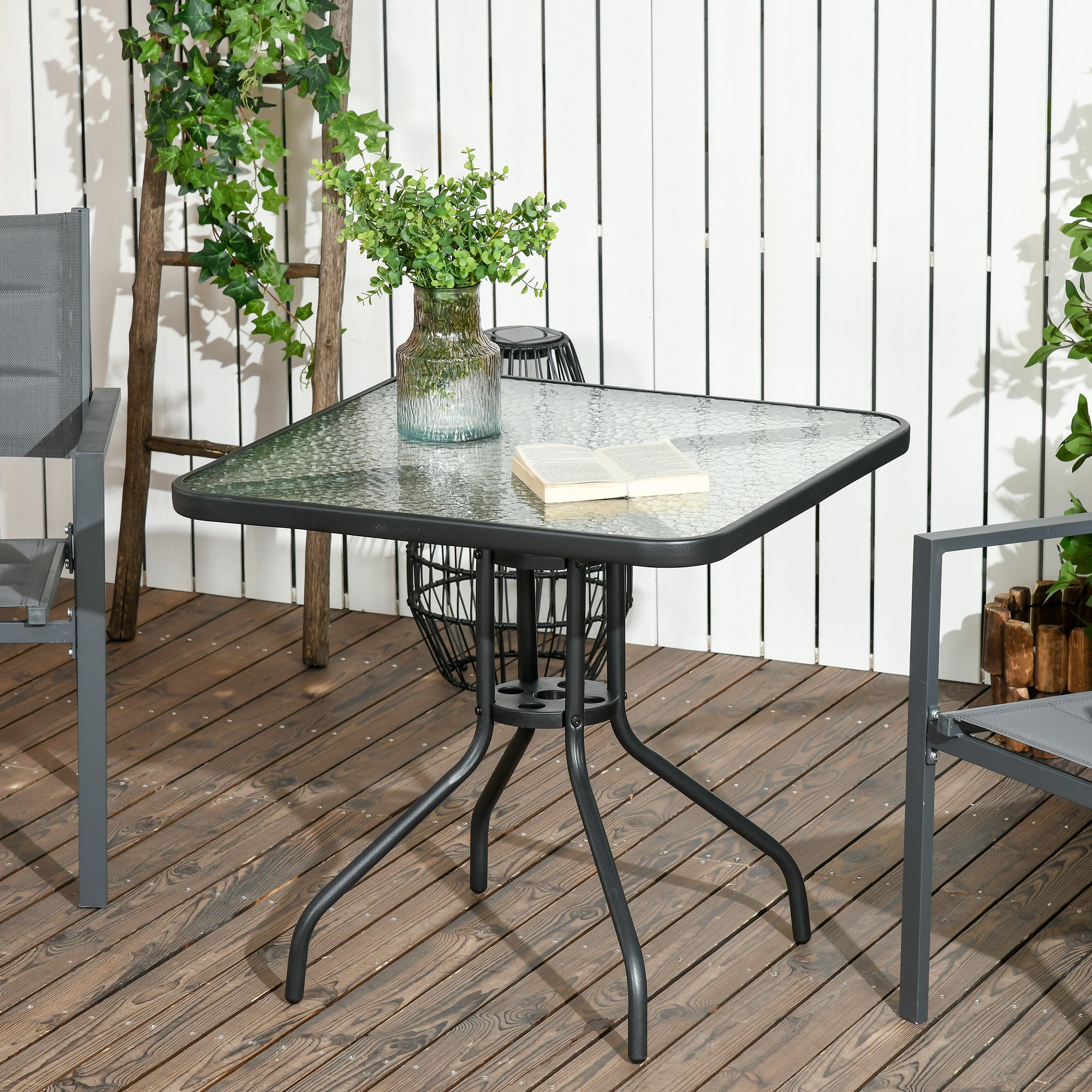 Outsunny Outdoor Dining Table with Umbrella Hole, Square Patio Dining Table with Tempered Glass Top and Steel Frame for Garden, Balcony, Black
