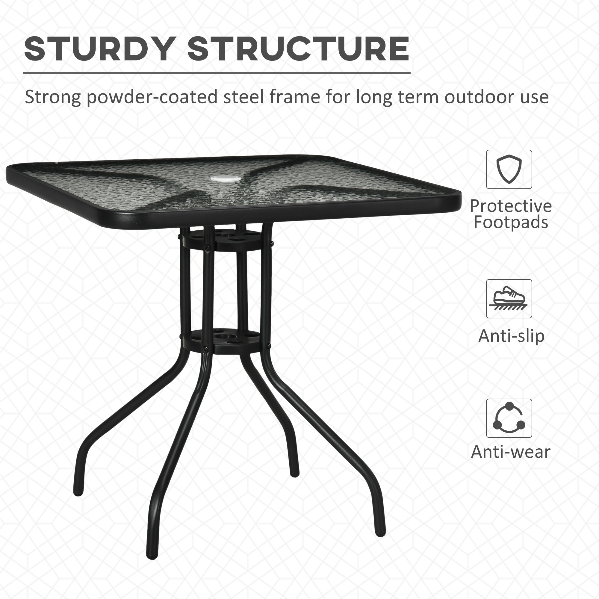 Outsunny Outdoor Dining Table with Umbrella Hole, Square Patio Dining Table with Tempered Glass Top and Steel Frame for Garden, Balcony, Black