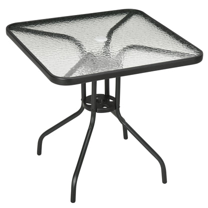 Outsunny Outdoor Dining Table with Umbrella Hole, Square Patio Dining Table with Tempered Glass Top and Steel Frame for Garden, Balcony, Black