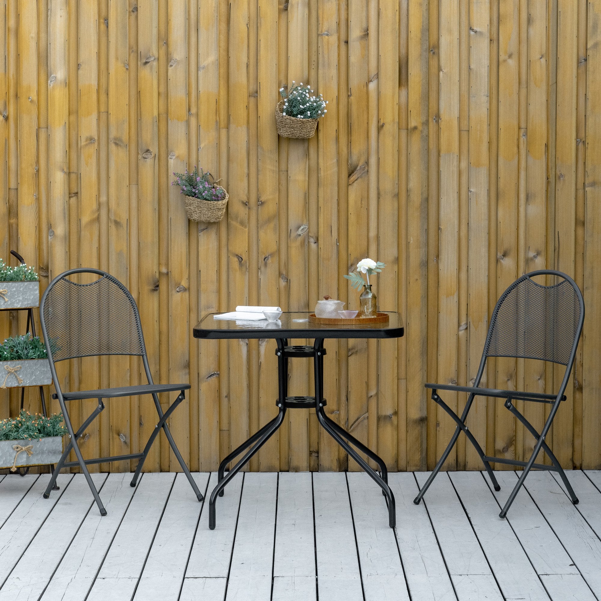 Outsunny Outdoor Dining Table with Umbrella Hole, Square Patio Dining Table with Tempered Glass Top and Steel Frame for Garden, Balcony, Black