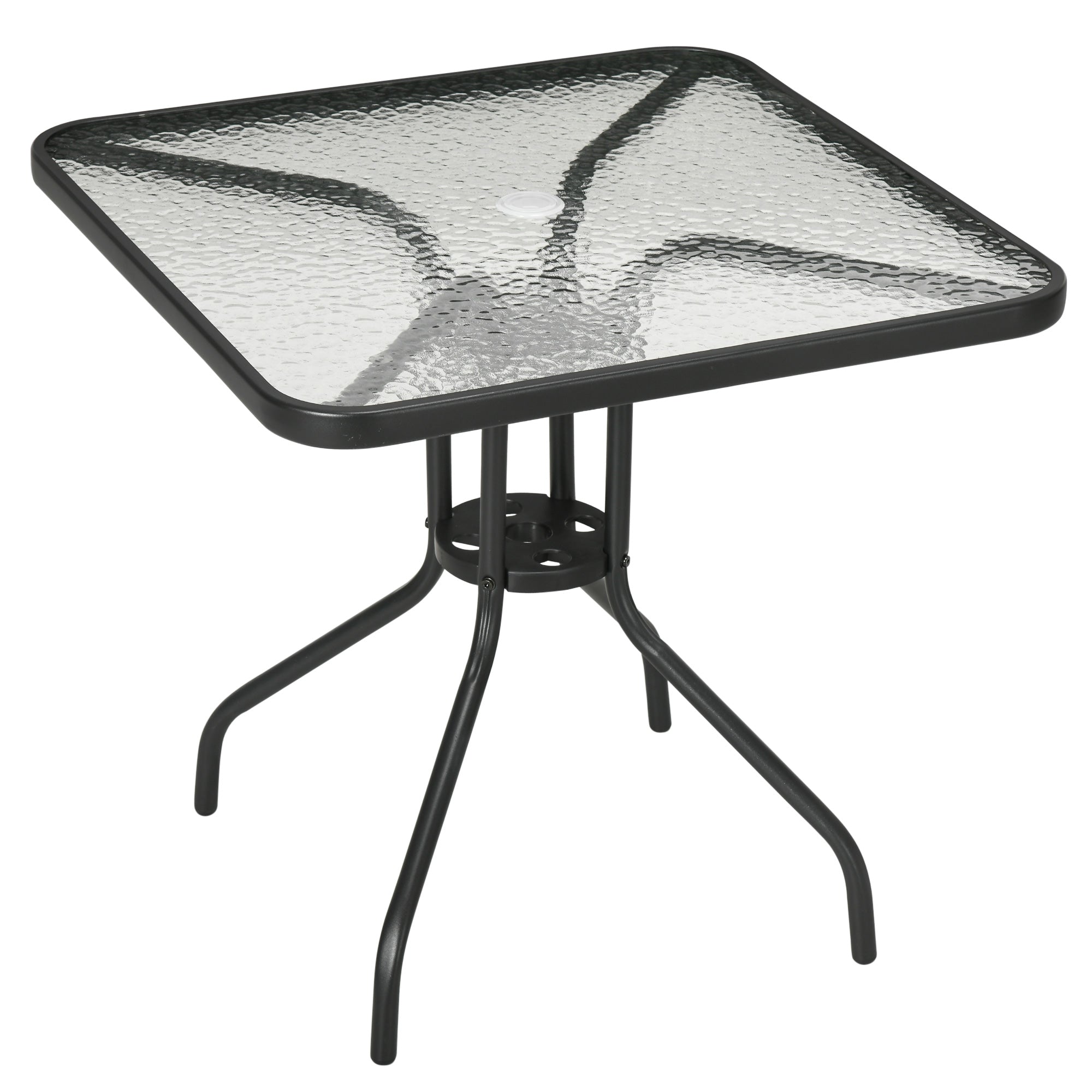 Outsunny Outdoor Dining Table with Umbrella Hole, Square Patio Dining Table with Tempered Glass Top and Steel Frame for Garden, Balcony, Black