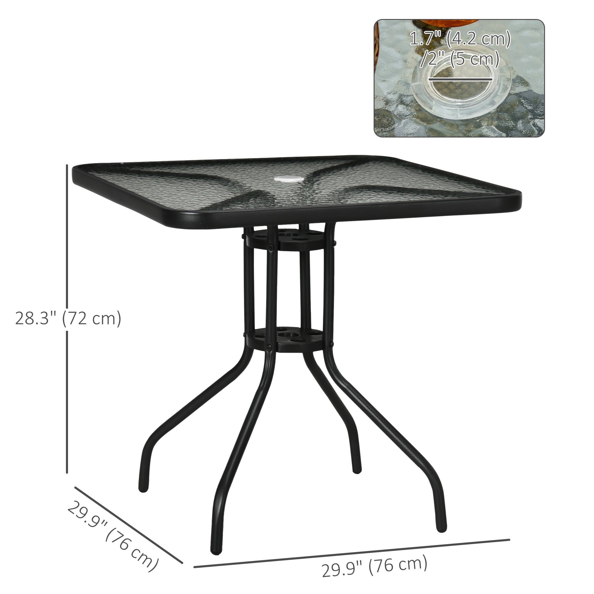 Outsunny Outdoor Dining Table with Umbrella Hole, Square Patio Dining Table with Tempered Glass Top and Steel Frame for Garden, Balcony, Black
