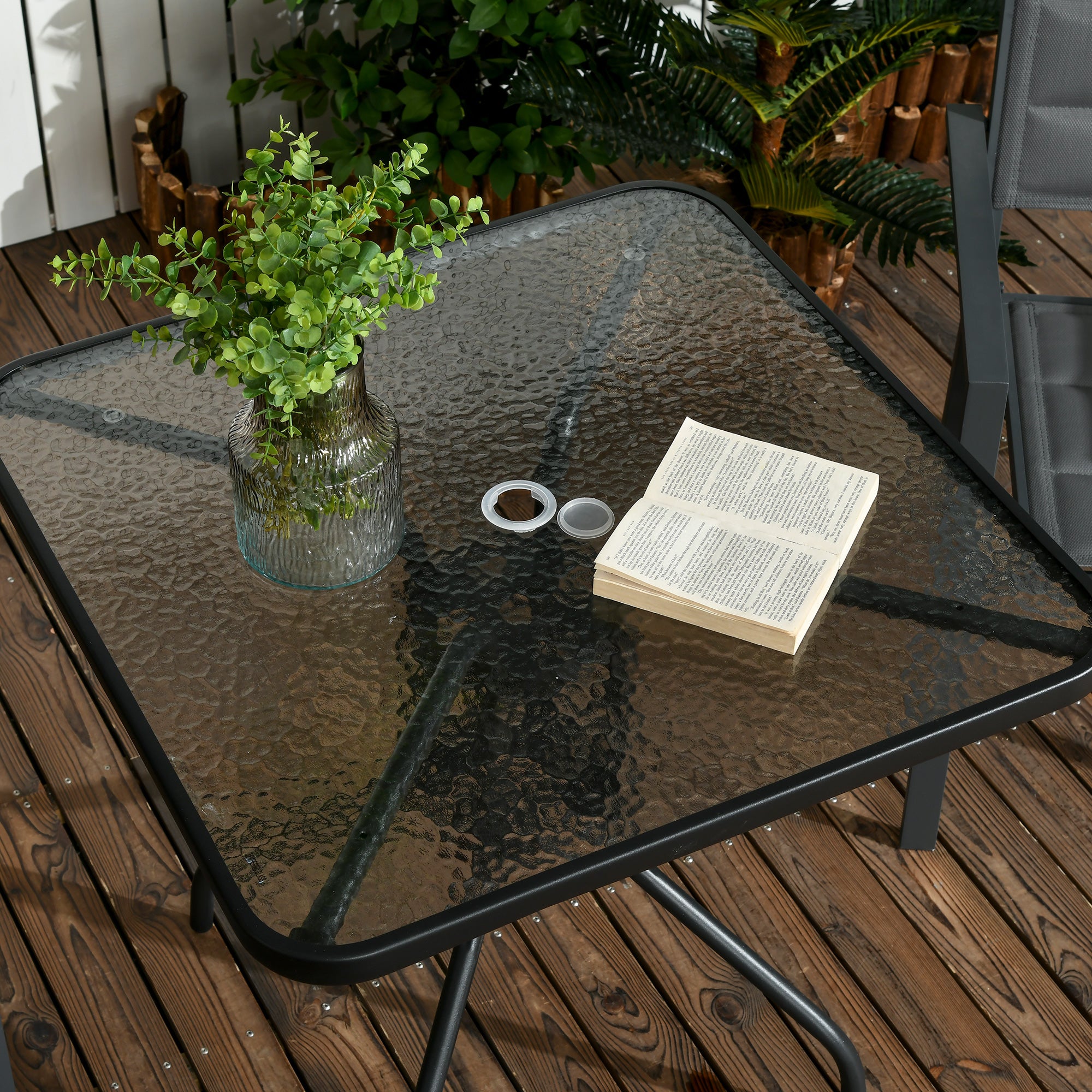 Outsunny Outdoor Dining Table with Umbrella Hole, Square Patio Dining Table with Tempered Glass Top and Steel Frame for Garden, Balcony, Black