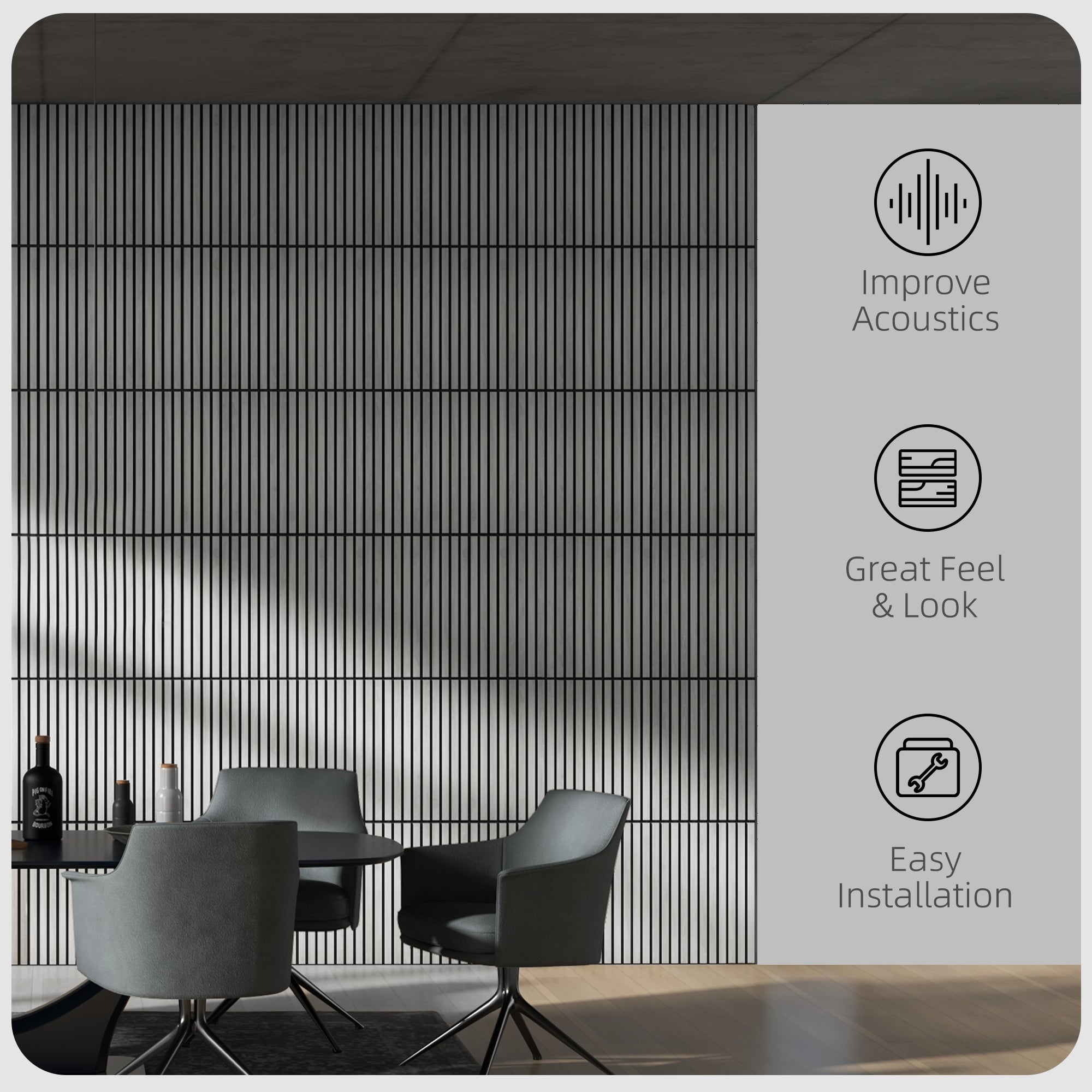 HOMCOM 24 x 24 Inches 3D Faux Wood Wall Panels, 4 Pack Acoustic Panels, Sound Absorbing and Proof Slat Wall For Interior Wall Decor, Home, Office, Studio, Grey