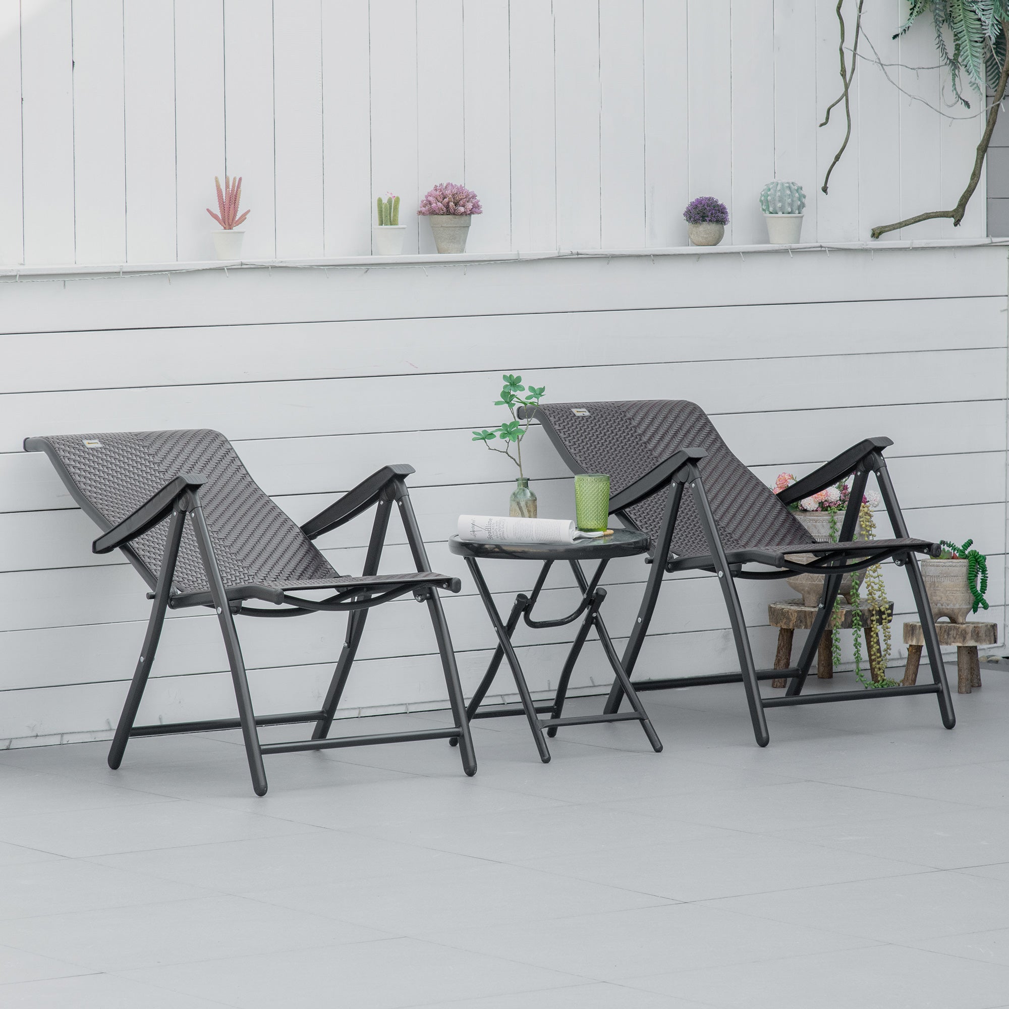 Outsunny Set of 2 Outdoor Wicker Folding Chairs, Patio PE Rattan Dining Armrests Chair set with 7 Levels Adjustable Backrest, for Outdoors, Camping, Brown