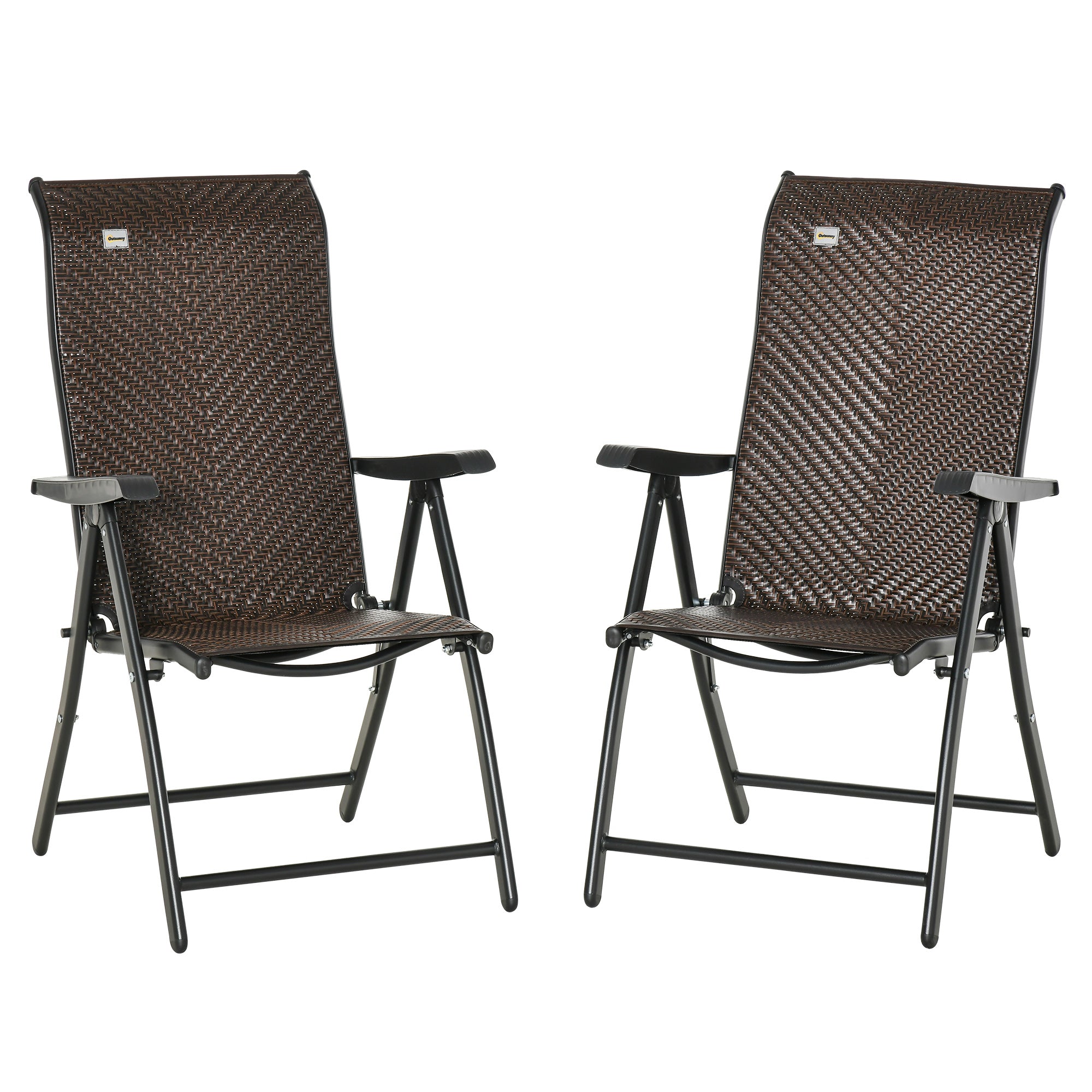 Outsunny Set of 2 Outdoor Wicker Folding Chairs, Patio PE Rattan Dining Armrests Chair set with 7 Levels Adjustable Backrest, for Outdoors, Camping, Brown