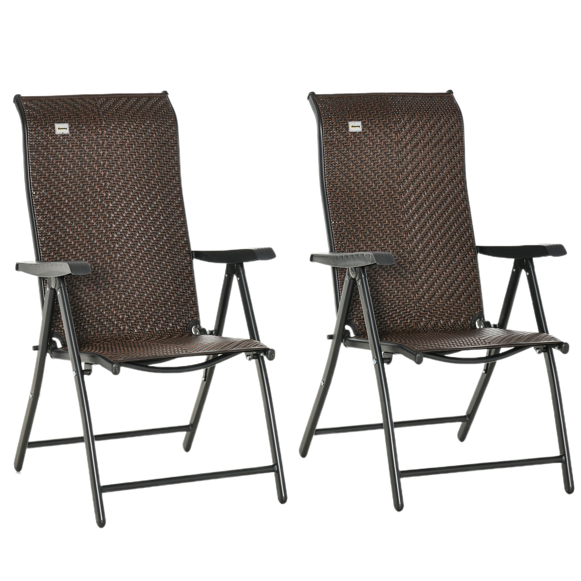 Outsunny Set of 2 Outdoor Wicker Folding Chairs, Patio PE Rattan Dining Armrests Chair set with 7 Levels Adjustable Backrest, for Outdoors, Camping, Brown