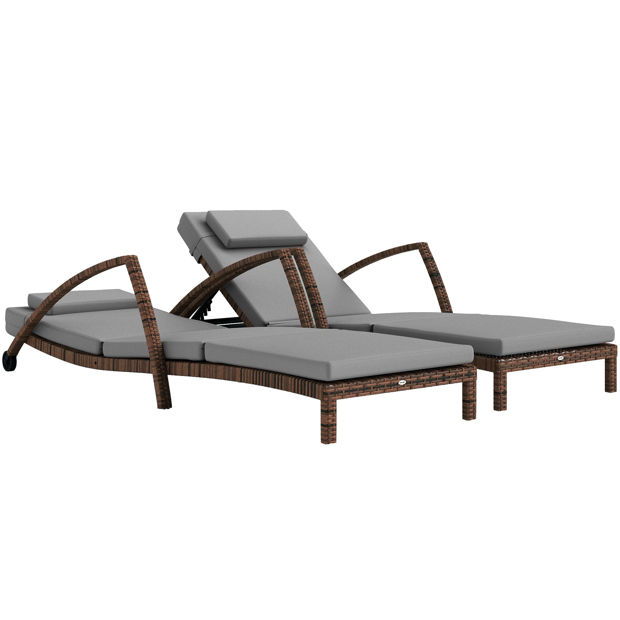 Outsunny Set of 2 Wicker Chaise Lounge Chair Outdoor with Wheels, 5-Level Adjustable Reclining Rattan Patio Lounger Tanning Chair with Cushion, Armrests for Yard, Pool, Grey