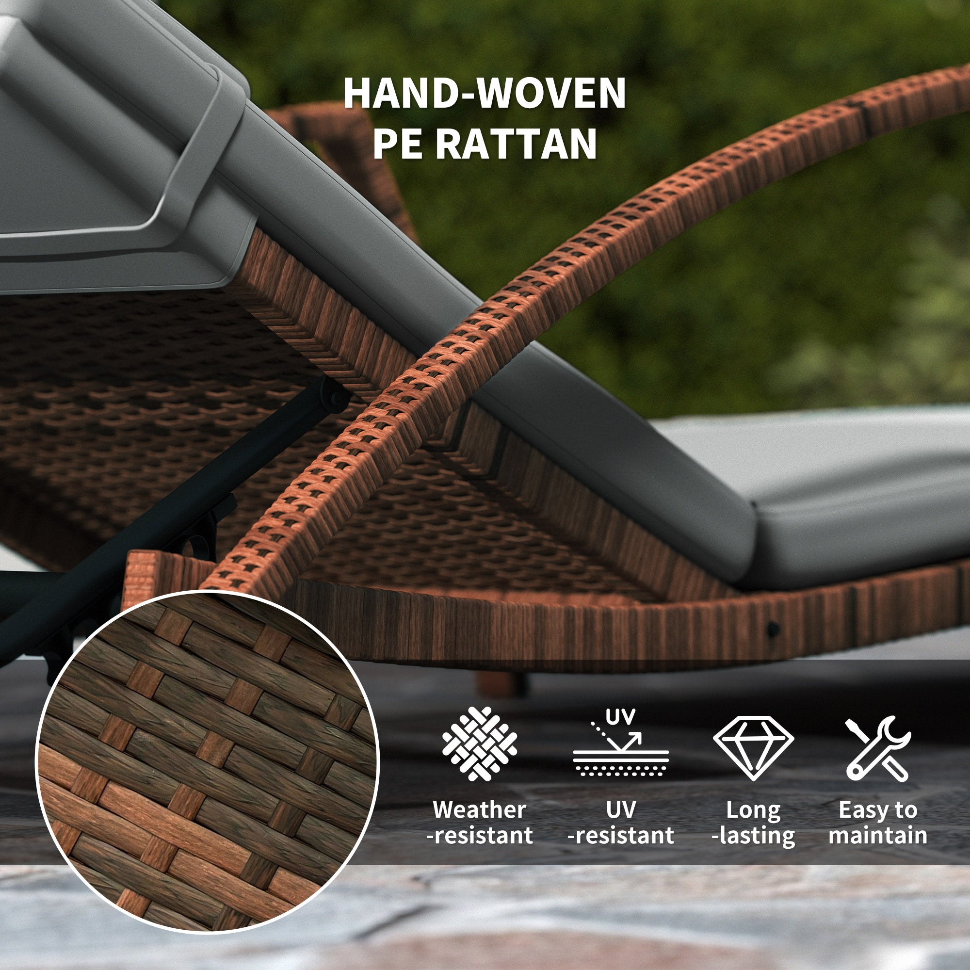 Outsunny Set of 2 Wicker Chaise Lounge Chair Outdoor with Wheels, 5-Level Adjustable Reclining Rattan Patio Lounger Tanning Chair with Cushion, Armrests for Yard, Pool, Grey