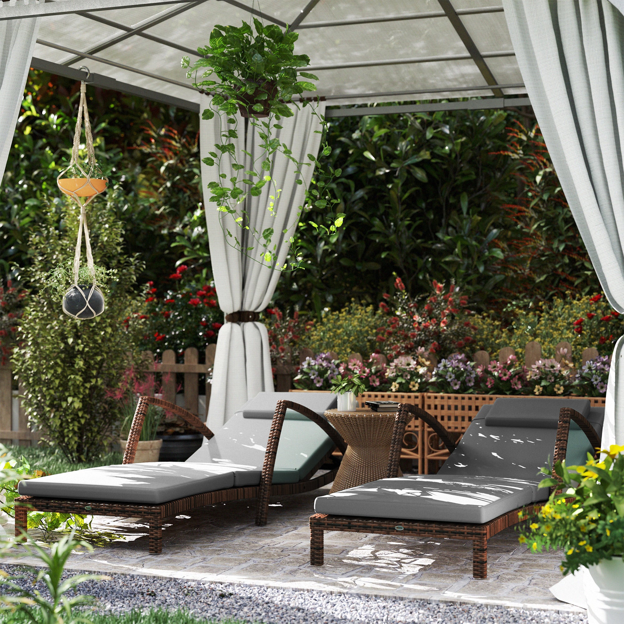 Outsunny Set of 2 Wicker Chaise Lounge Chair Outdoor with Wheels, 5-Level Adjustable Reclining Rattan Patio Lounger Tanning Chair with Cushion, Armrests for Yard, Pool, Grey