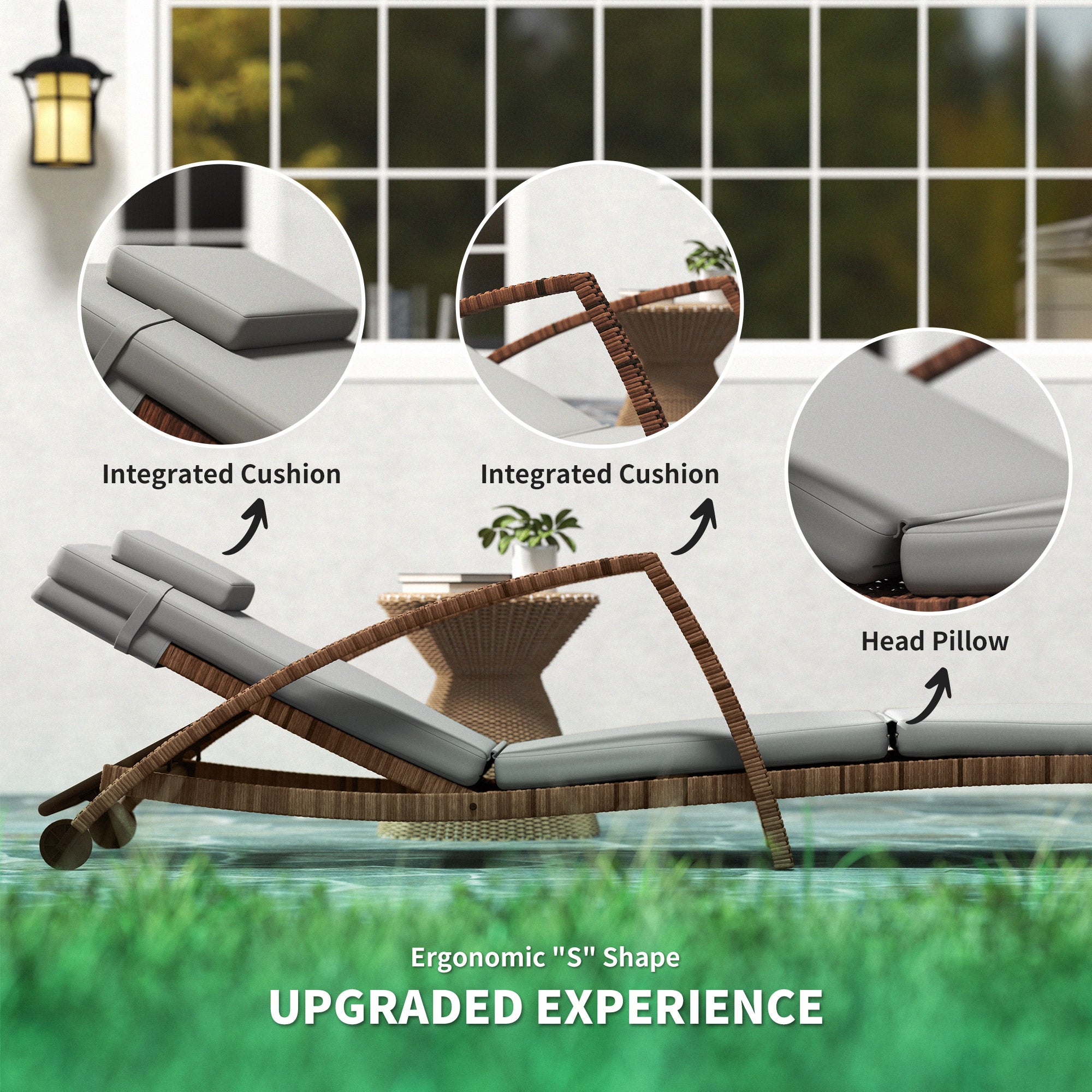 Outsunny Set of 2 Wicker Chaise Lounge Chair Outdoor with Wheels, 5-Level Adjustable Reclining Rattan Patio Lounger Tanning Chair with Cushion, Armrests for Yard, Pool, Grey