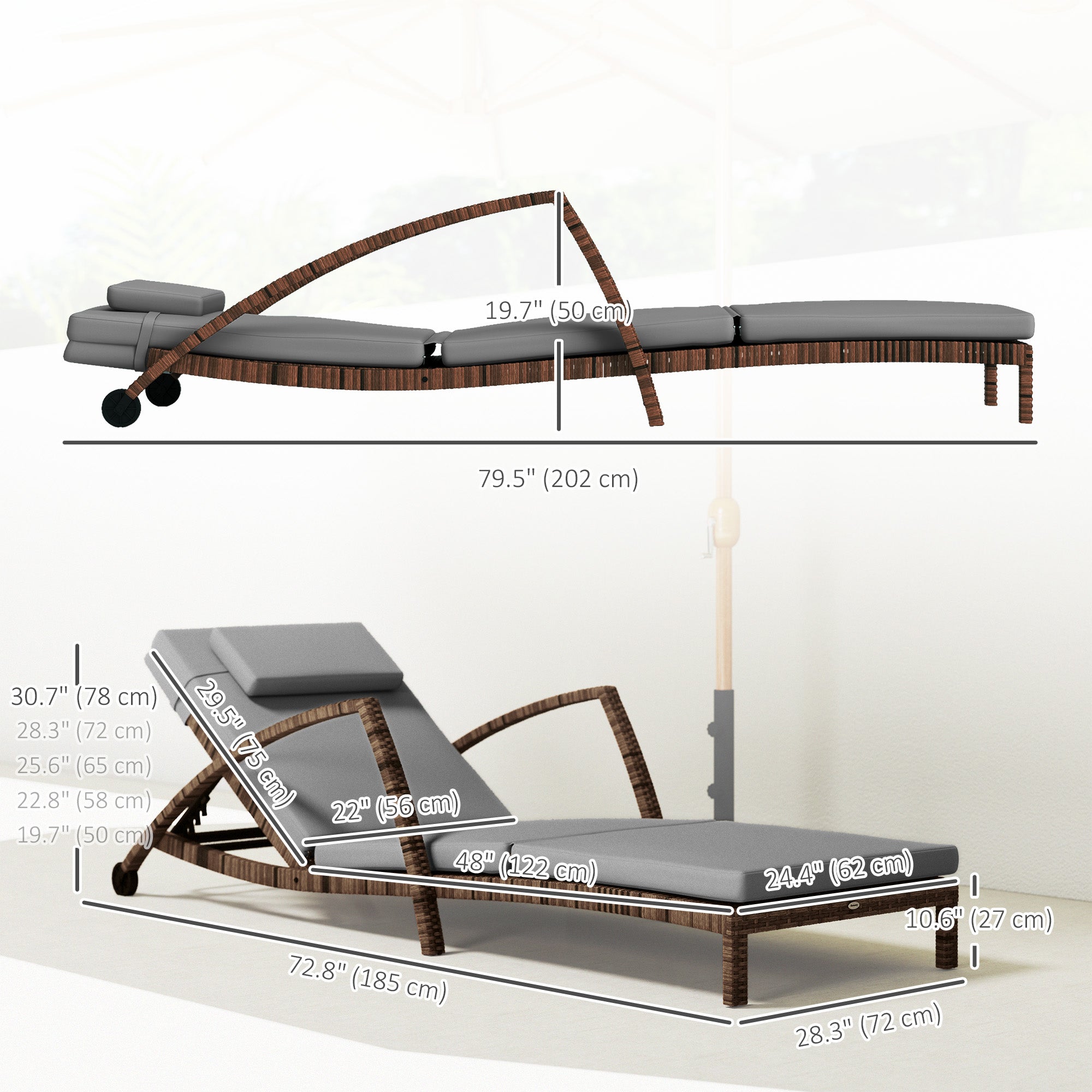 Outsunny Set of 2 Wicker Chaise Lounge Chair Outdoor with Wheels, 5-Level Adjustable Reclining Rattan Patio Lounger Tanning Chair with Cushion, Armrests for Yard, Pool, Grey