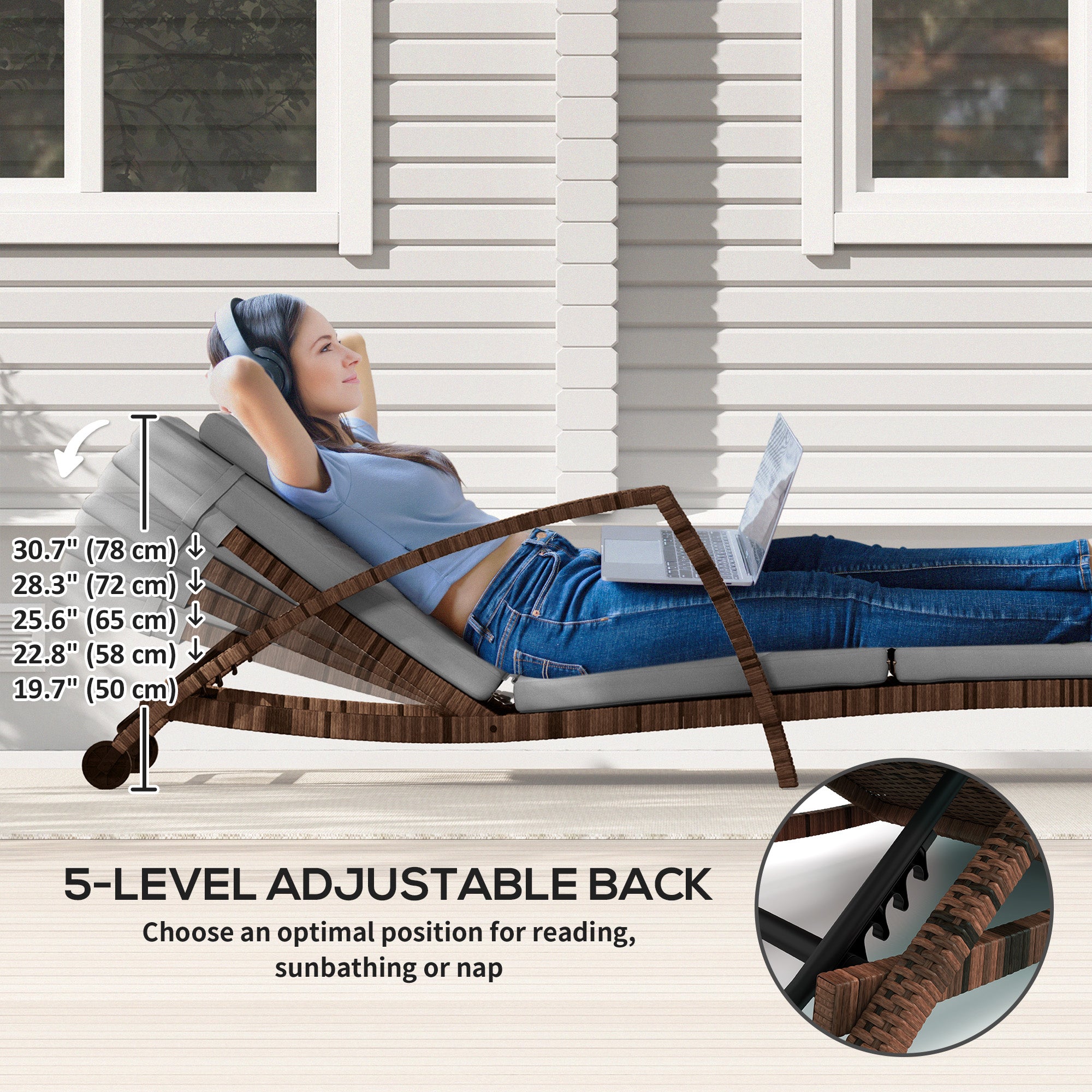 Outsunny Set of 2 Wicker Chaise Lounge Chair Outdoor with Wheels, 5-Level Adjustable Reclining Rattan Patio Lounger Tanning Chair with Cushion, Armrests for Yard, Pool, Grey