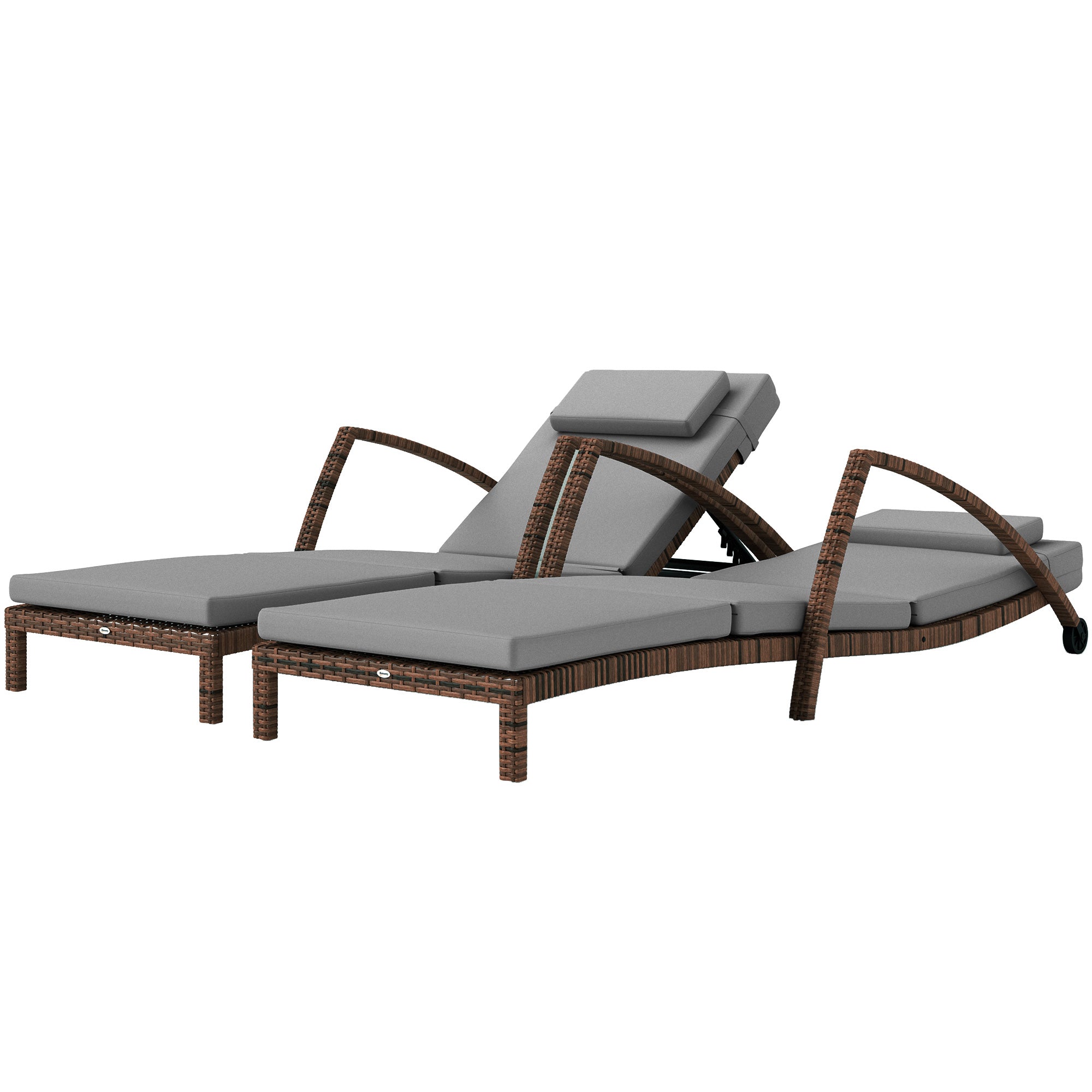 Outsunny Set of 2 Wicker Chaise Lounge Chair Outdoor with Wheels, 5-Level Adjustable Reclining Rattan Patio Lounger Tanning Chair with Cushion, Armrests for Yard, Pool, Grey