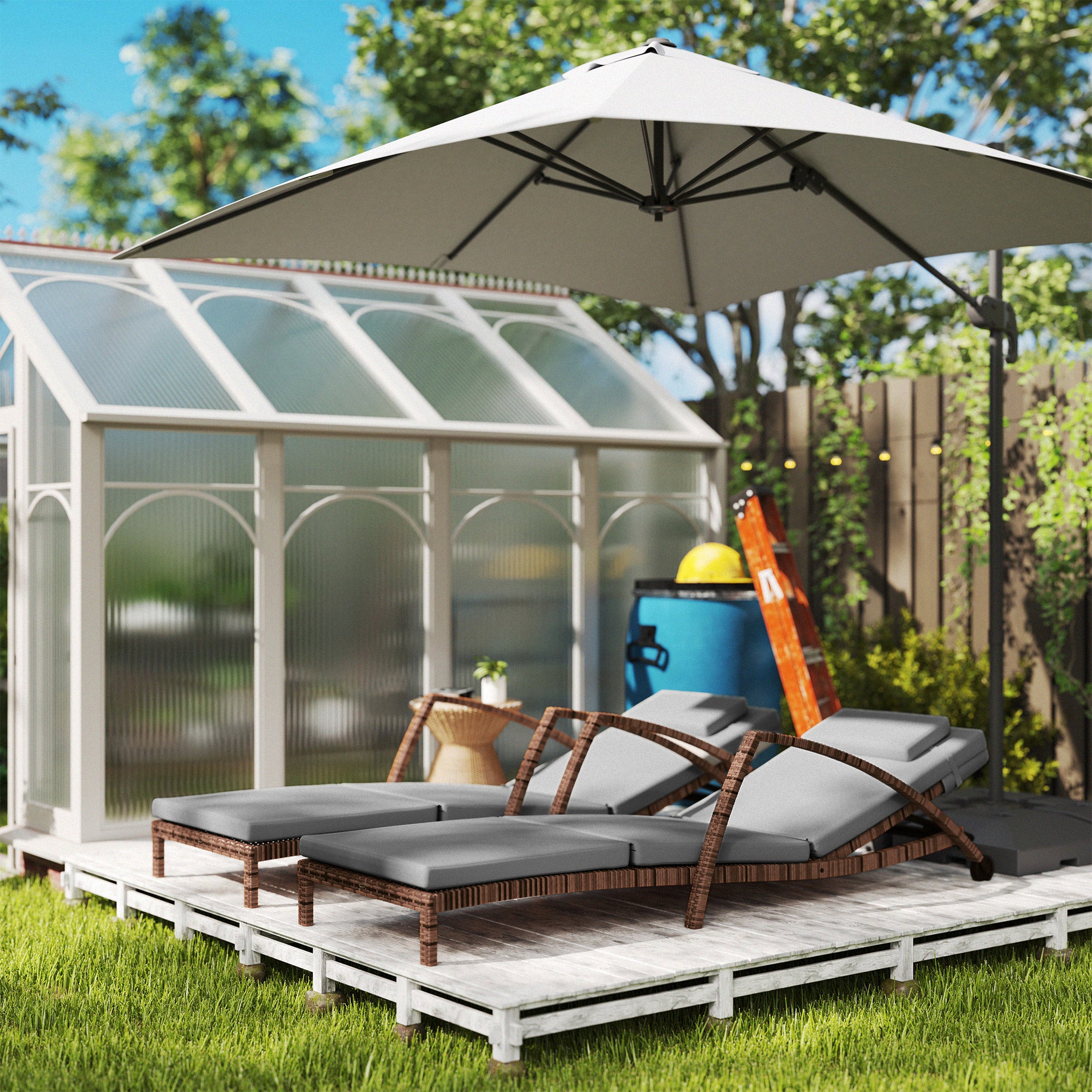 Outsunny Set of 2 Wicker Chaise Lounge Chair Outdoor with Wheels, 5-Level Adjustable Reclining Rattan Patio Lounger Tanning Chair with Cushion, Armrests for Yard, Pool, Grey