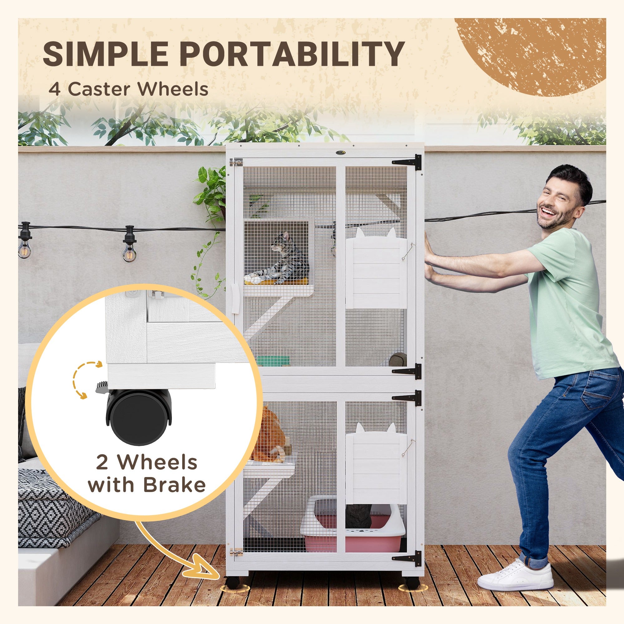 PawHut Outdoor Cat House, Large Catio Wooden Kitten Enclosure Elevated Design, with Wheels, Resting Box, Water-Resistant, Multi Platforms, for 1-3 Cats, White