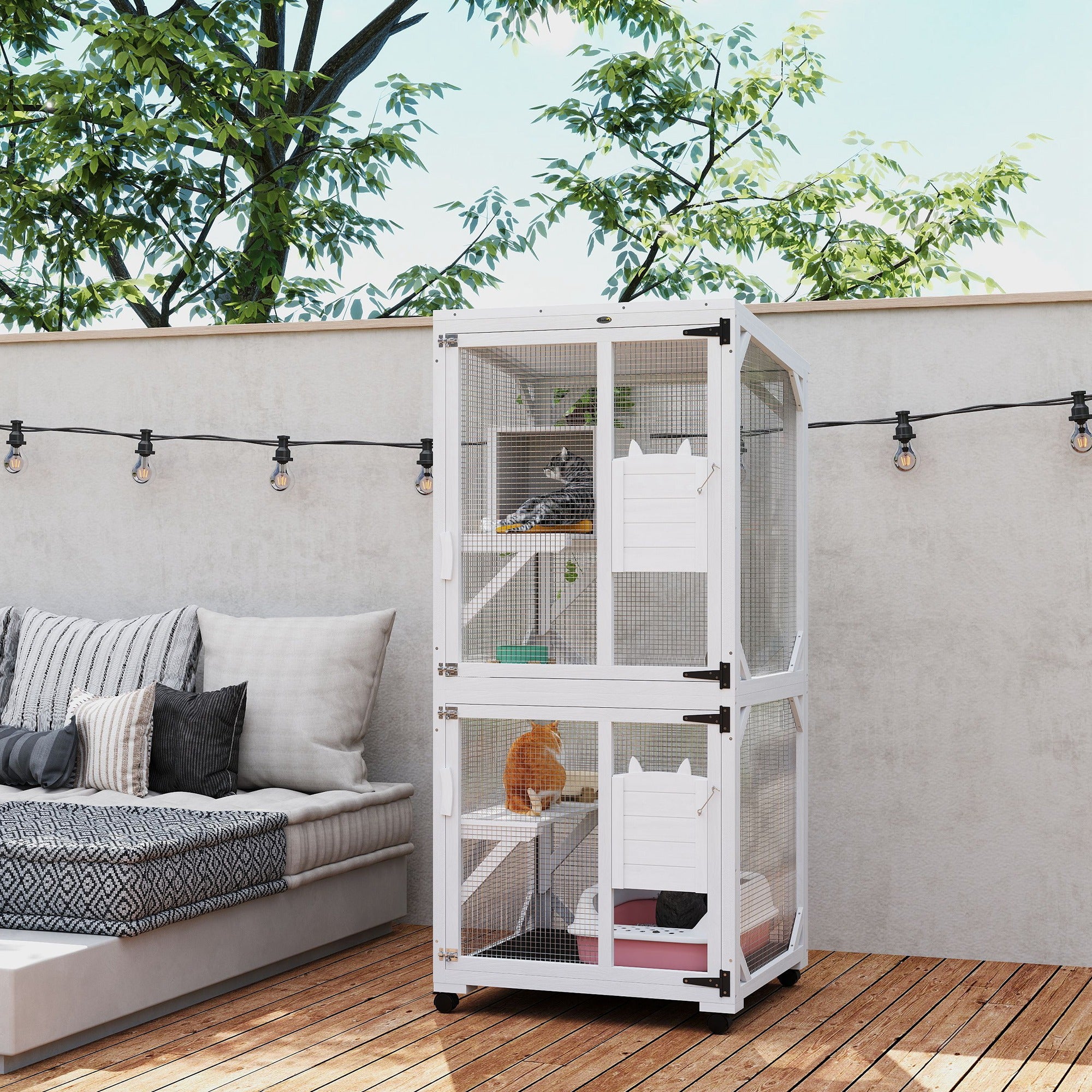 PawHut Outdoor Cat House, Large Catio Wooden Kitten Enclosure Elevated Design, with Wheels, Resting Box, Water-Resistant, Multi Platforms, for 1-3 Cats, White