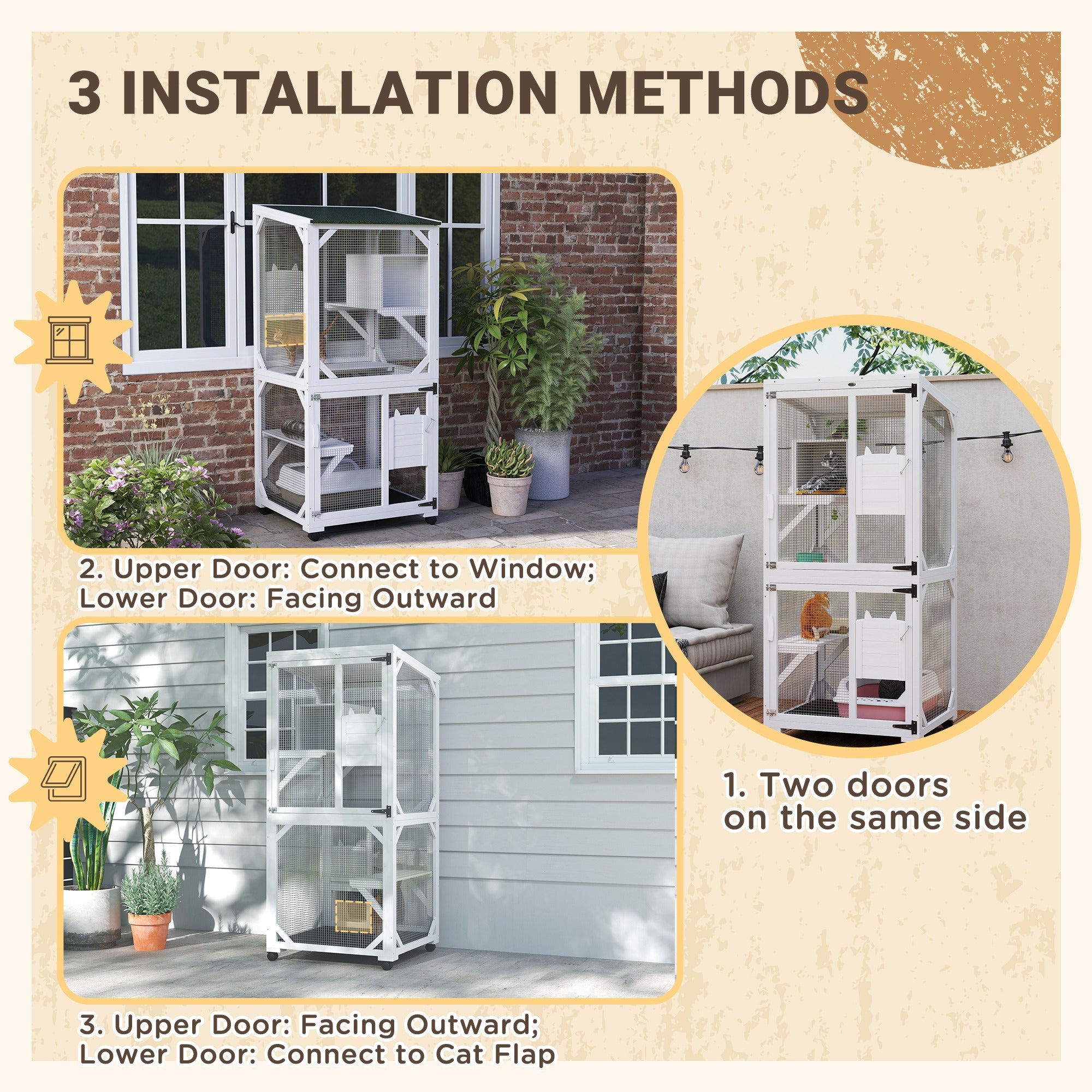 PawHut Outdoor Cat House, Large Catio Wooden Kitten Enclosure Elevated Design, with Wheels, Resting Box, Water-Resistant, Multi Platforms, for 1-3 Cats, White