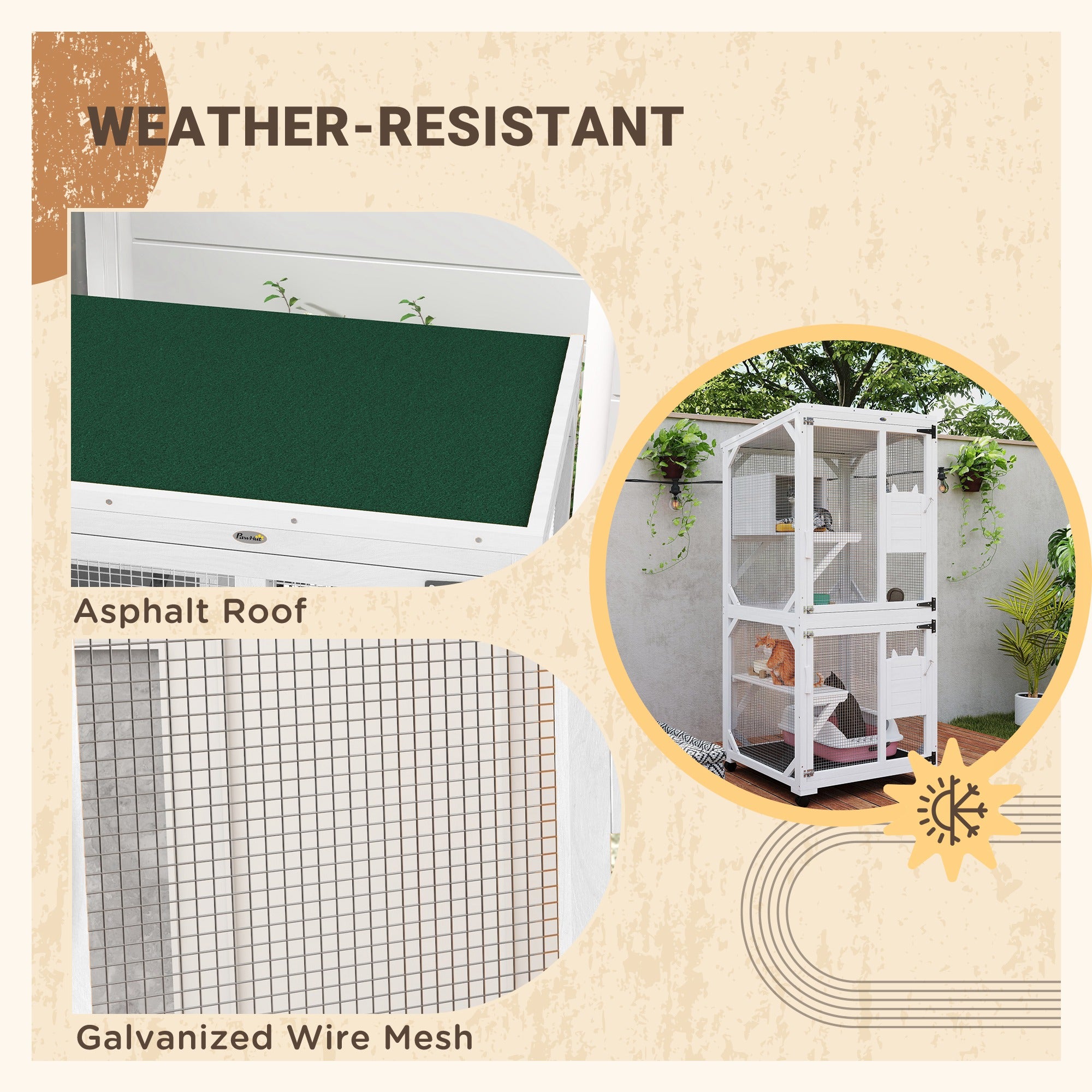 PawHut Outdoor Cat House, Large Catio Wooden Kitten Enclosure Elevated Design, with Wheels, Resting Box, Water-Resistant, Multi Platforms, for 1-3 Cats, White