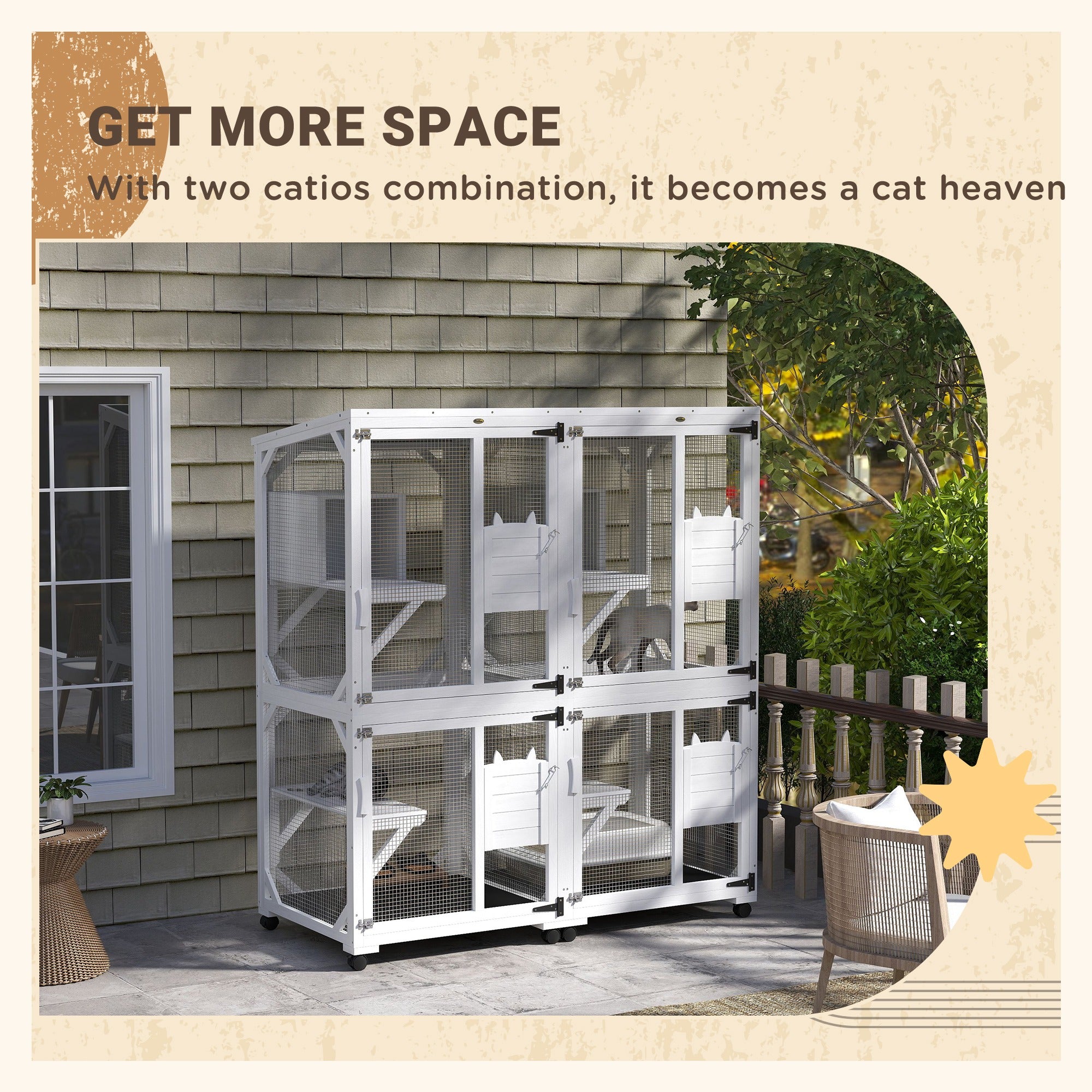 PawHut Outdoor Cat House, Large Catio Wooden Kitten Enclosure Elevated Design, with Wheels, Resting Box, Water-Resistant, Multi Platforms, for 1-3 Cats, White