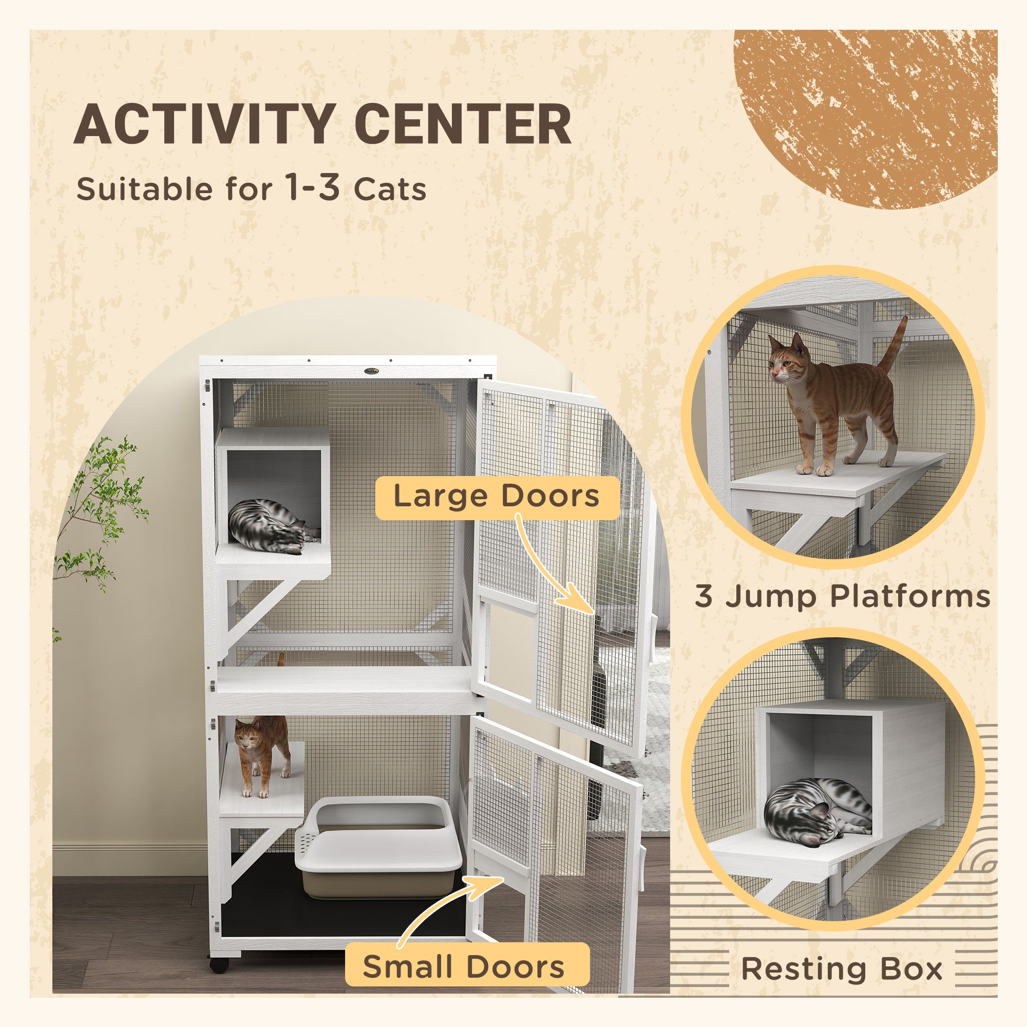 PawHut Outdoor Cat House, Large Catio Wooden Kitten Enclosure Elevated Design, with Wheels, Resting Box, Water-Resistant, Multi Platforms, for 1-3 Cats, White