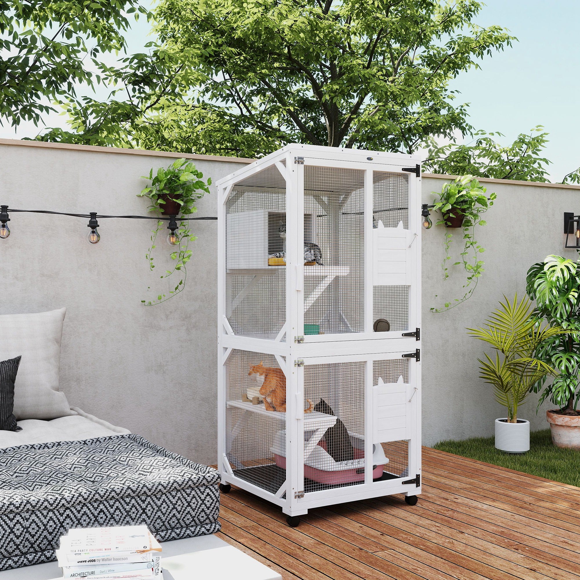 PawHut Outdoor Cat House, Large Catio Wooden Kitten Enclosure Elevated Design, with Wheels, Resting Box, Water-Resistant, Multi Platforms, for 1-3 Cats, White