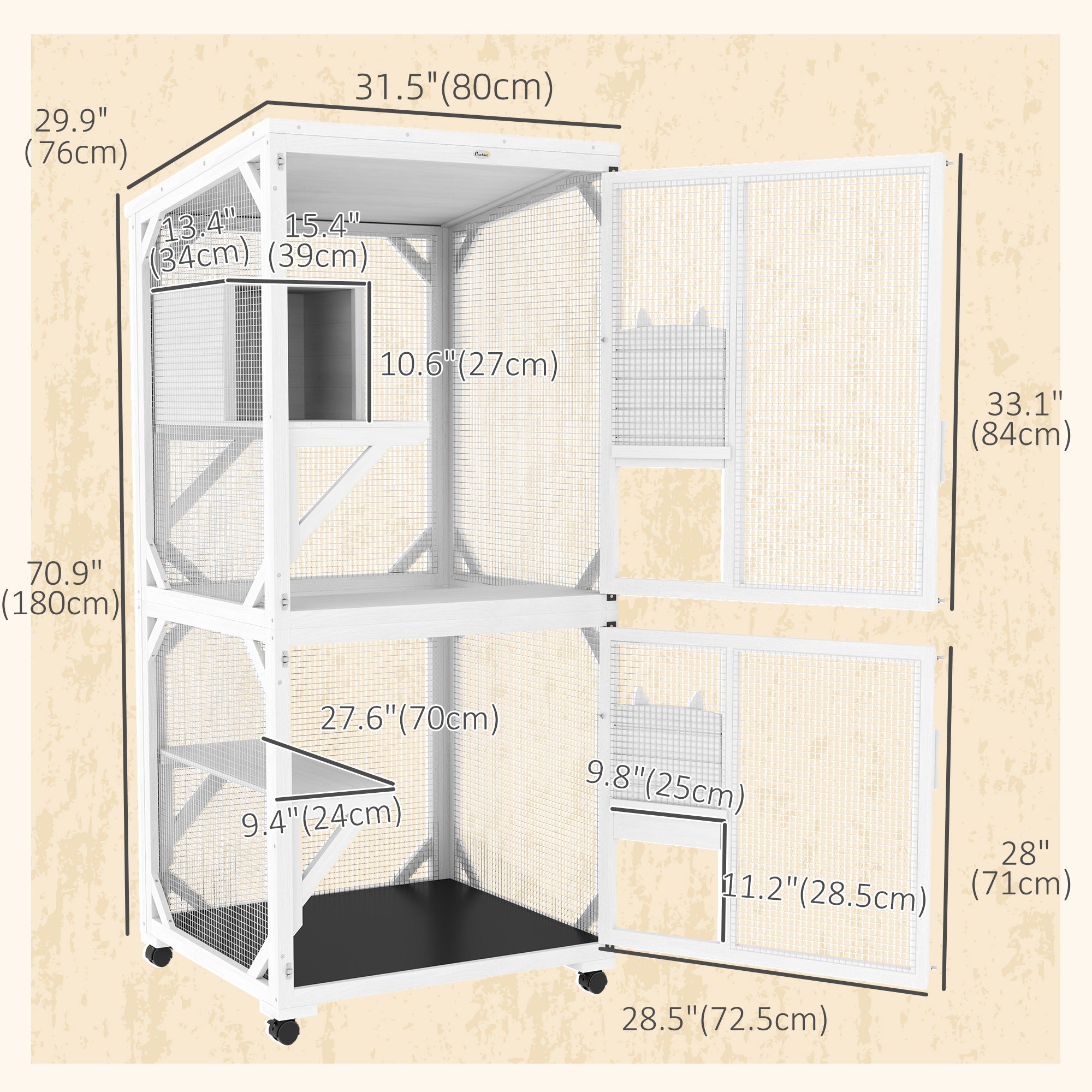 PawHut Outdoor Cat House, Large Catio Wooden Kitten Enclosure Elevated Design, with Wheels, Resting Box, Water-Resistant, Multi Platforms, for 1-3 Cats, White