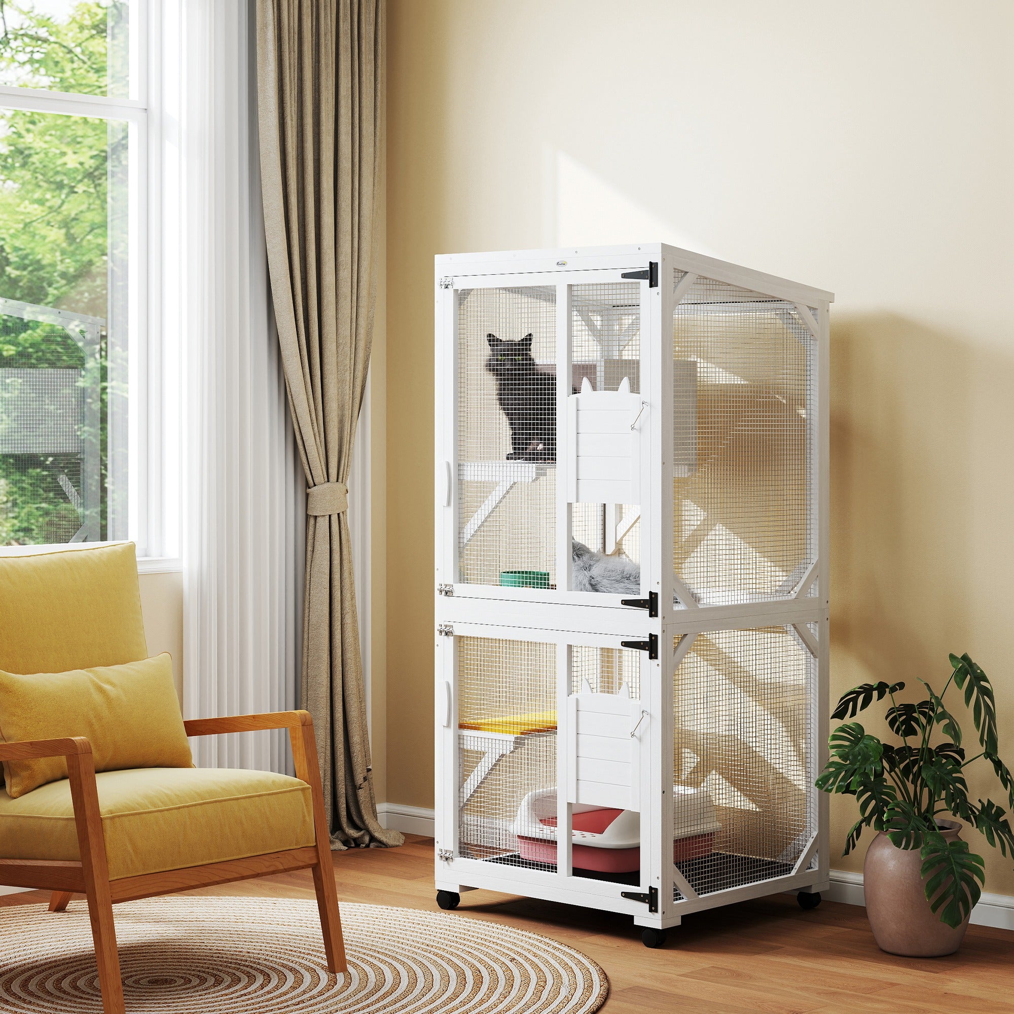 PawHut Outdoor Cat House, Large Catio Wooden Kitten Enclosure Elevated Design, with Wheels, Resting Box, Water-Resistant, Multi Platforms, for 1-3 Cats, White